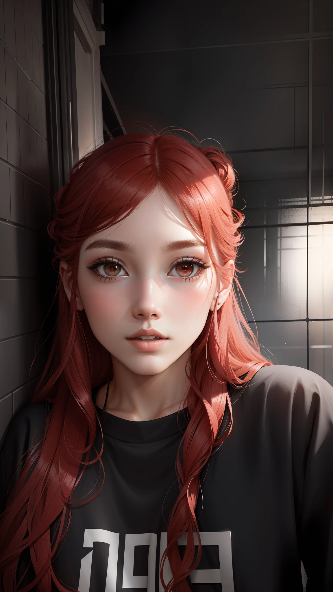 Girl lying 17 years old, realistic, is in long pants, is in black ligeri, red hair