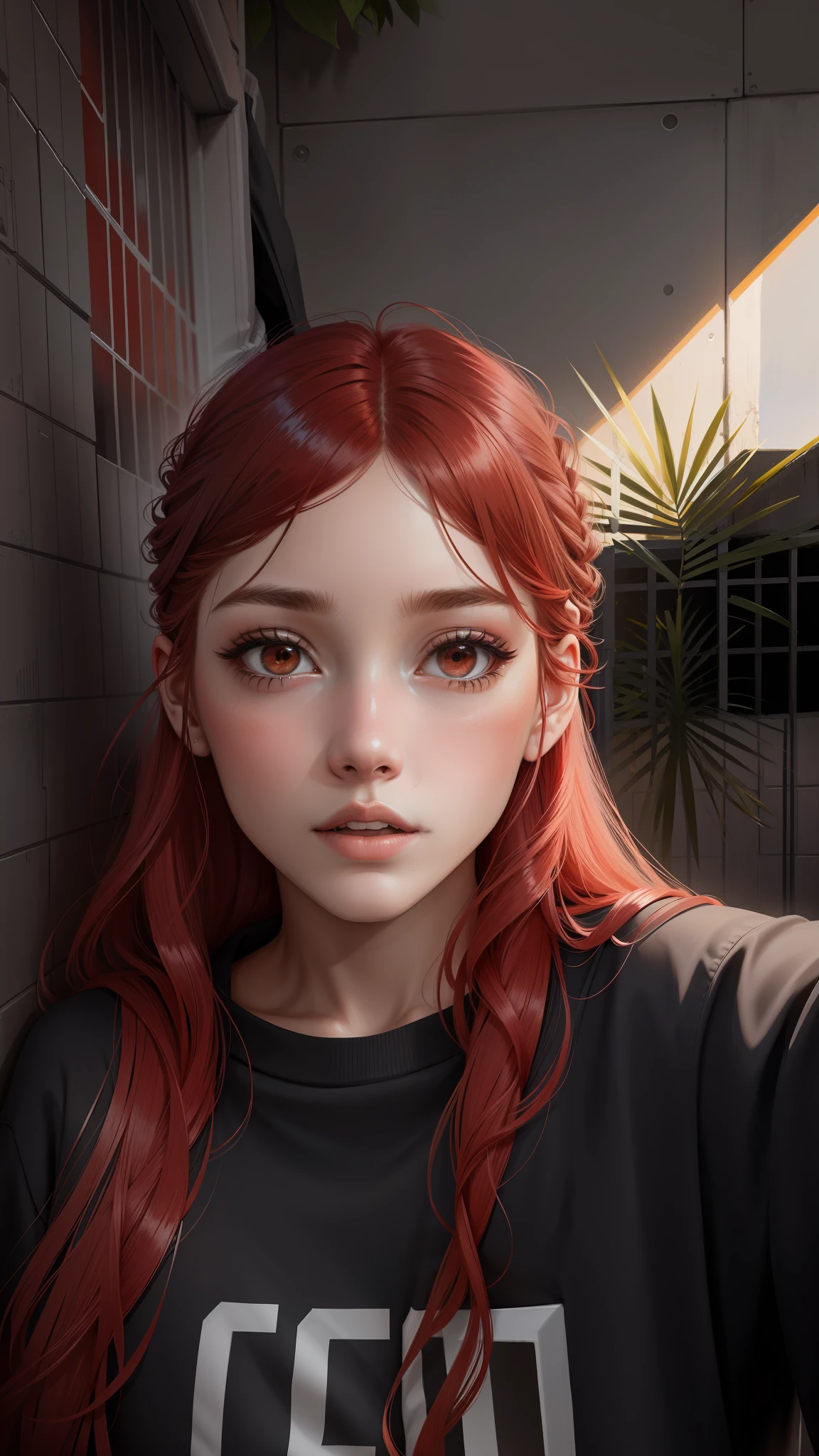 Girl lying 17 years old, realistic, is in long pants, is in black ligeri, red hair