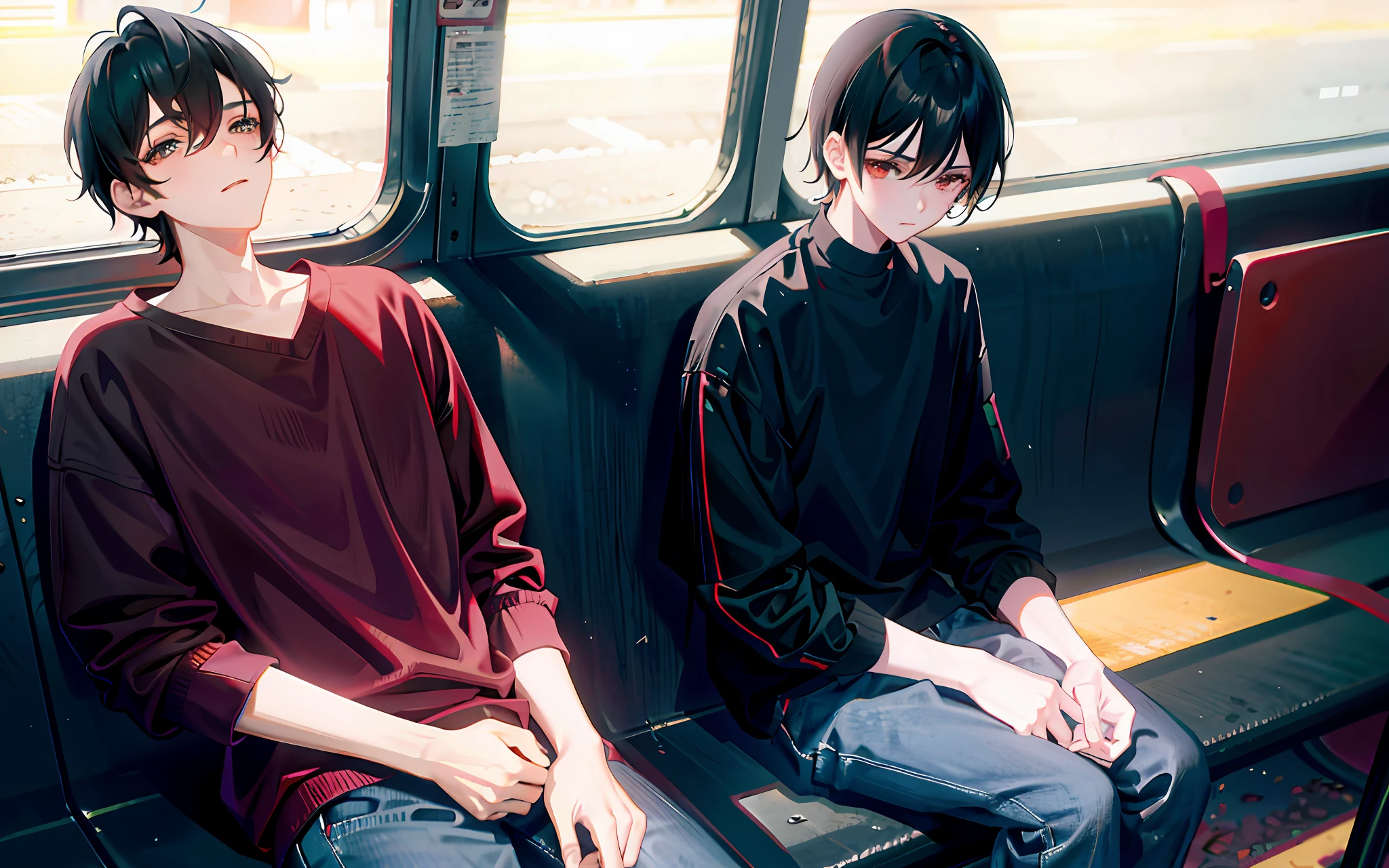 Create a 15-year-old boy in a red blouse, jeans, black hair, very sad. Sitting on a bus bench.