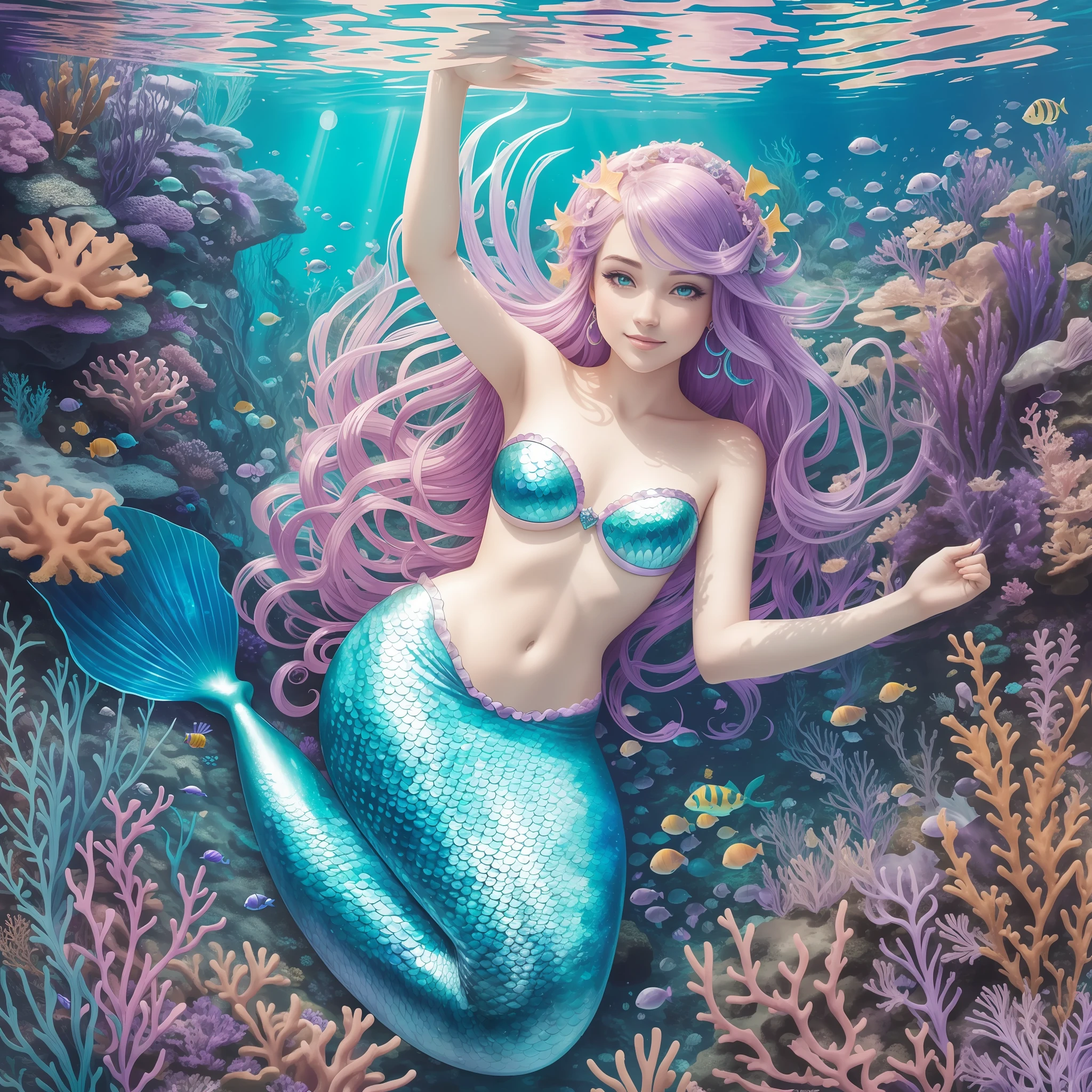 Mermaid swimming in a deep sea, with a shimmering tail in shades of purple and green, a well-defined face, bright eyes, rays of light from the surface hitting her tail, while other marine creatures observe the elegant and majestic mermaid through the seaweed, a fantasy