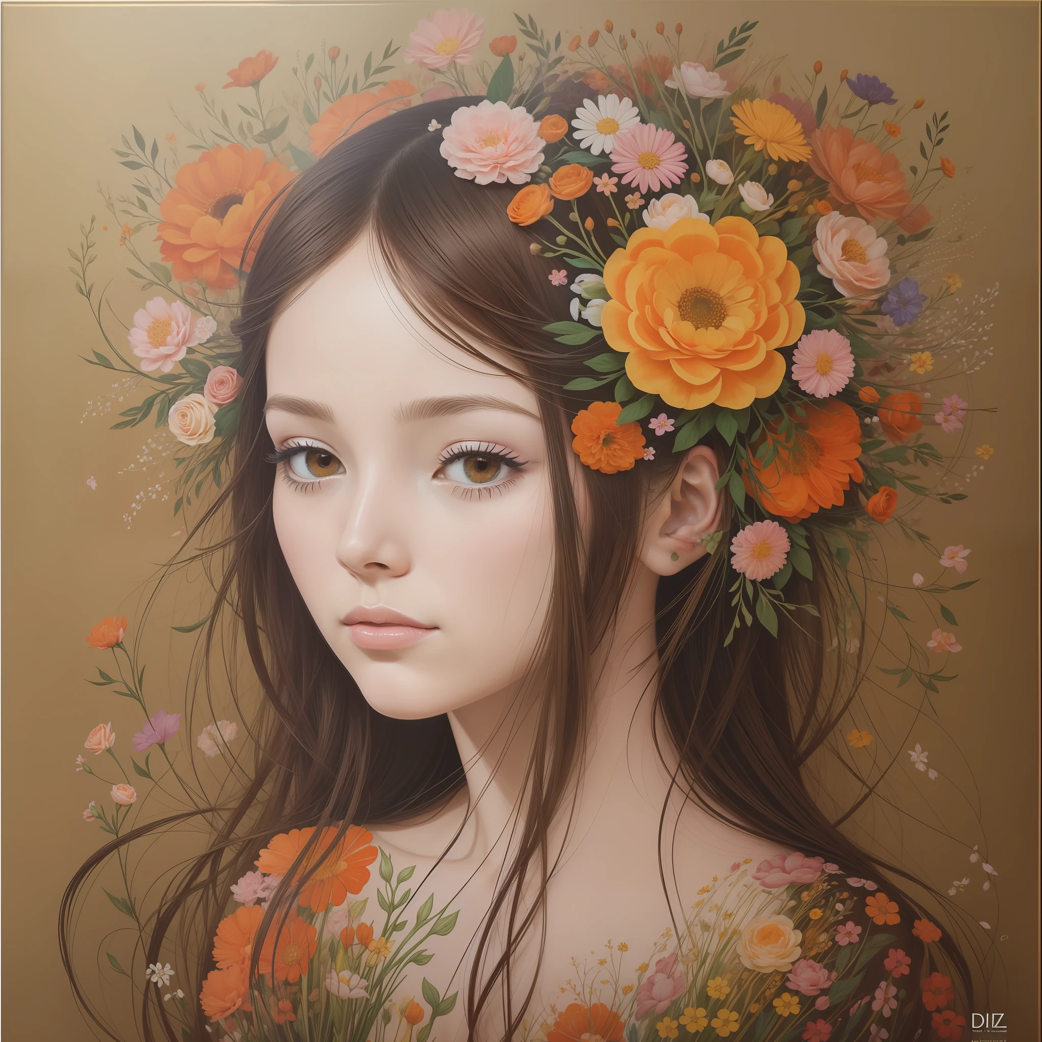 lady with flowers on her head is an acrylic painting, in the style of lucy glendinning, tony diterlizzi, organic and naturalistic compositions, floral explosions, ferris plock, light orange and brown, serene faces --ar 3:4 -