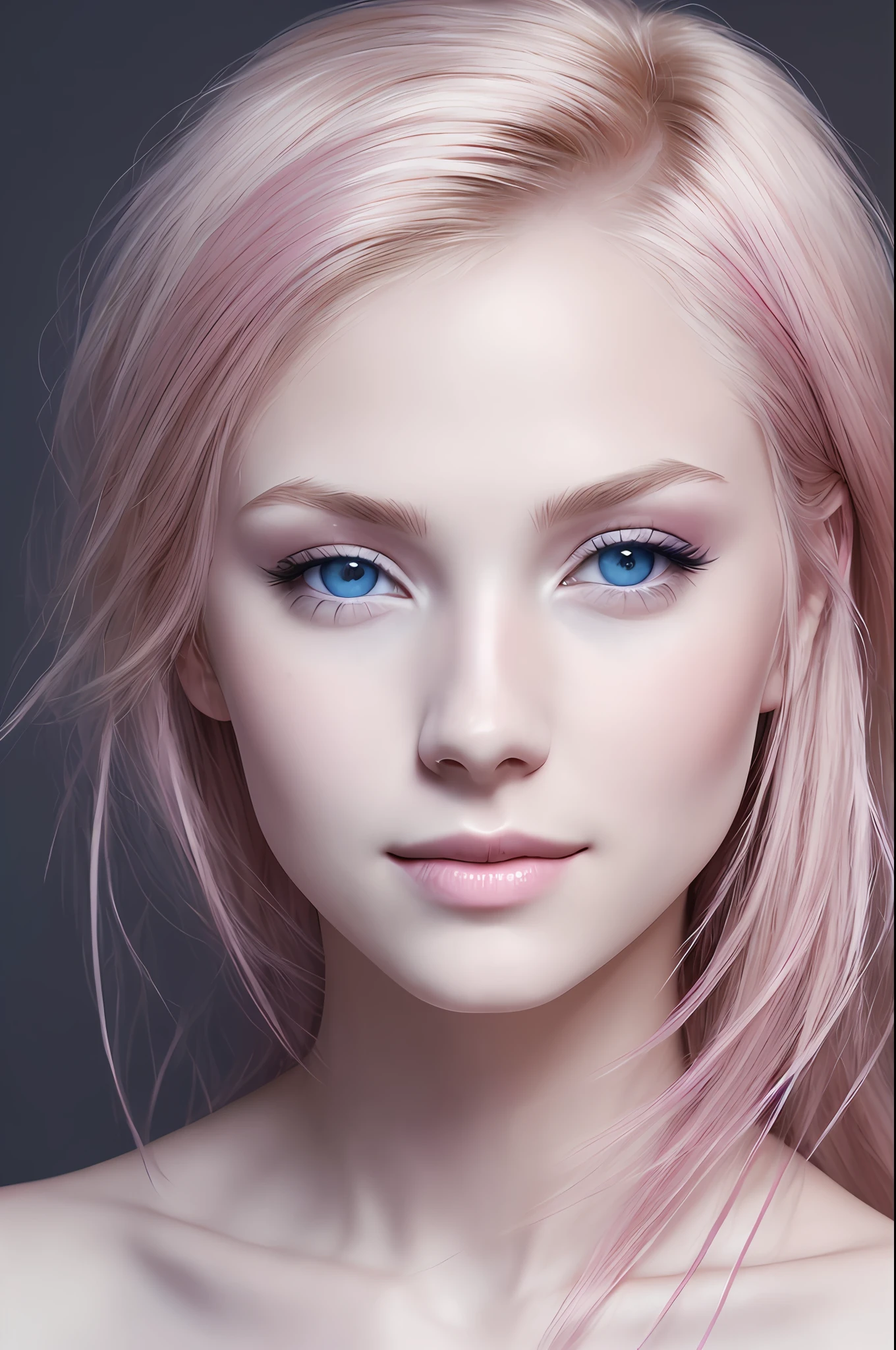 (blond hair:1.2, pink makeup, bright blue eyes, innocent smile: 1.3, slim nose, young adult woman, burn scars on her face: 1.5)
