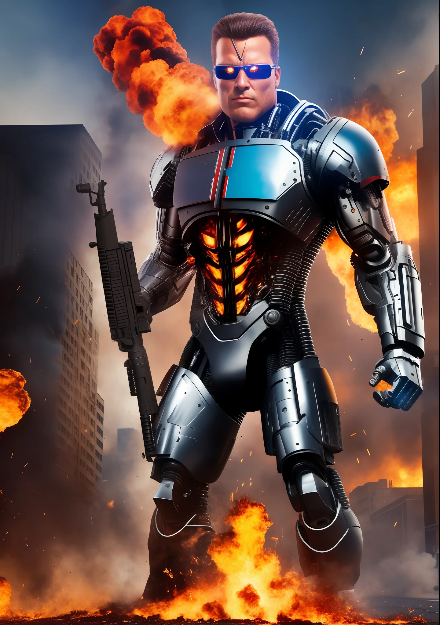 Terminator Man fires large gun, in the city street, with explosion behind, full body