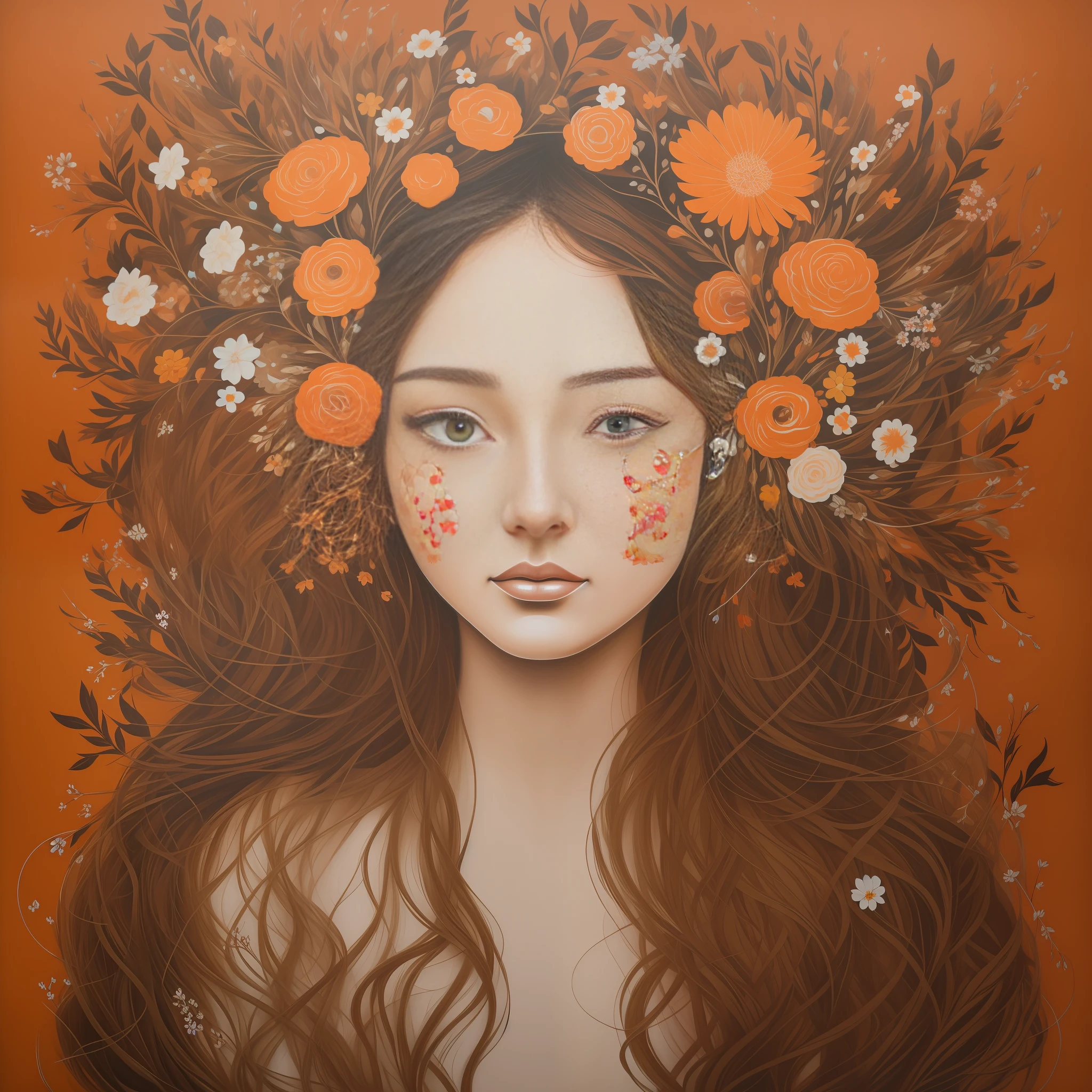 lady with flowers on her head is an acrylic painting, in the style of lucy glendinning, tony diterlizzi, organic and naturalistic compositions, floral explosions, ferris plock, light orange and brown, serene faces --ar 3:4 -