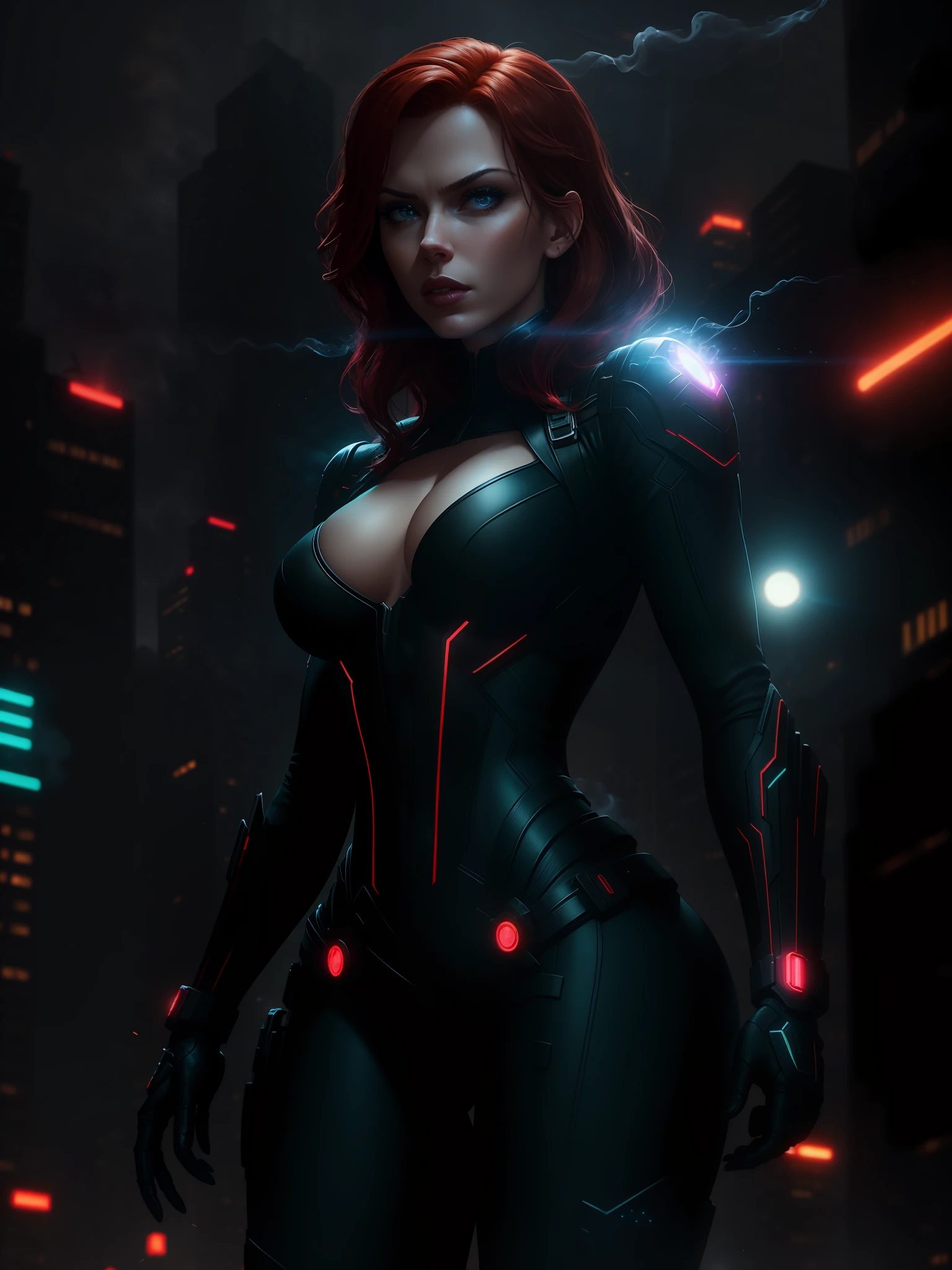 Scene from the movie, Sexy Black Widow from Marvel, extremely detailed, futuristic cityscape, nighttime, glowing neon lights, smoke, sparks, metal shavings, flying debris, blue energy effects, volumetric light