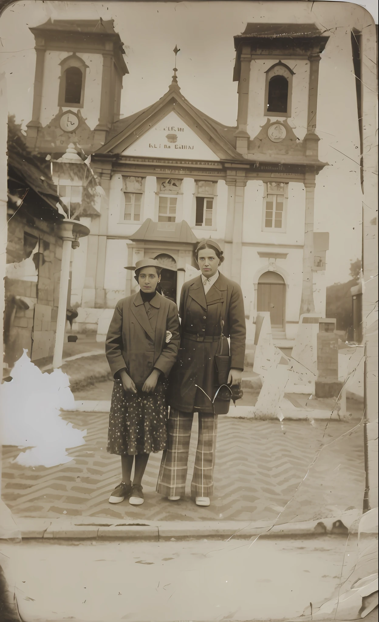 an old photo of two people standing in front of a building, old picture, old photo, very old photo, aged photo, historical image, old photograph, black and white old photo, real photograph on the street, old photo from the 1930s, black and white old photograph, old black and white photo, grainy damaged photo, ww2 era photograph