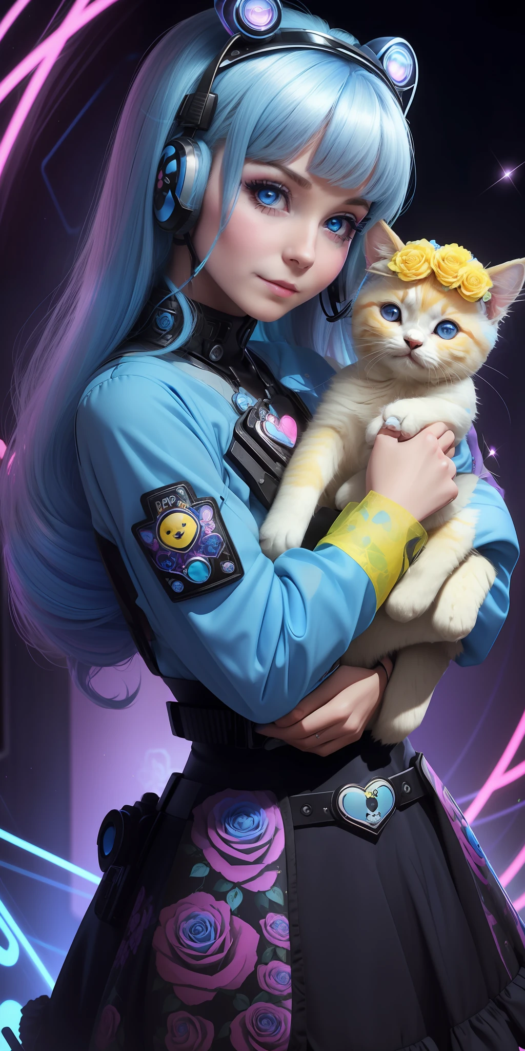 Sticker of a face with roses around her eyes and the words bearale on it by Shepherd Fairy (cyberpunk blue) (neon) ((Barbara Eden holding a cute happy kitten style She is 12 years old blue yellow))