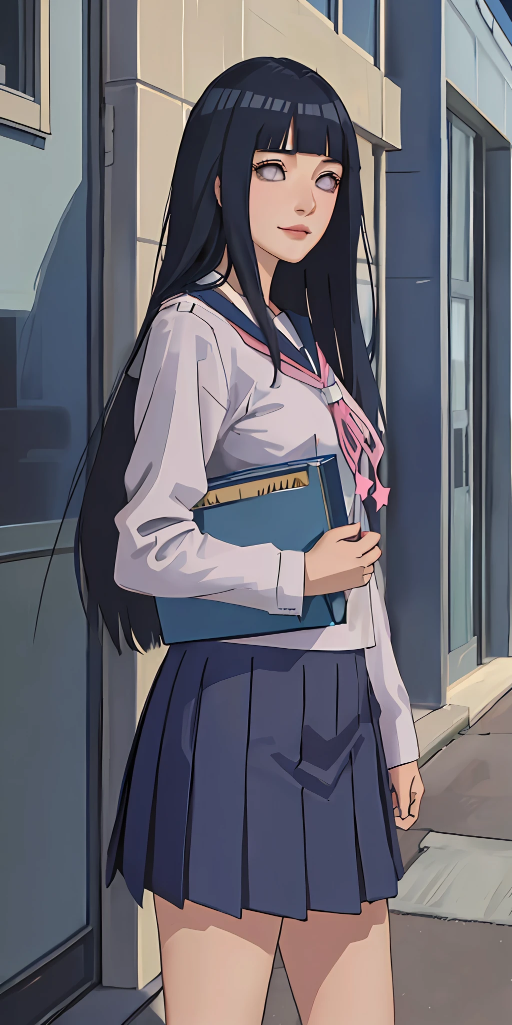 highres, ultra detailed), masterpiece, hinata\(boruto\), solo, 1girl,medium breasts, (((high school))), ((((high school attire)))), smile, (((long hair))), blink blink effect, (((detailed lips))), knee crop, school building, from side, (((dark blue hair))) standing, looking at someone far away, calm girl