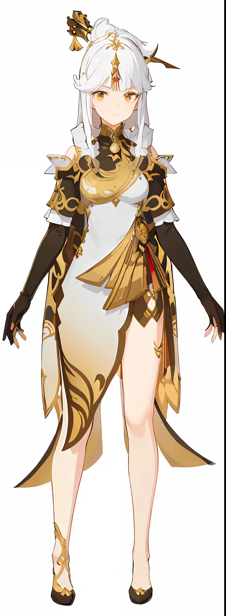 a woman in a white dress with a gold and black outfit, golden-white robes, intricate white and gold armor, astral witch clothes, cushart krenz key art feminine, angelic golden armor, lunar themed attire, ornate attire, ayaka genshin impact, ornate white and gold armour, light gold armor, heavy white and golden armor, ornate bikini armor