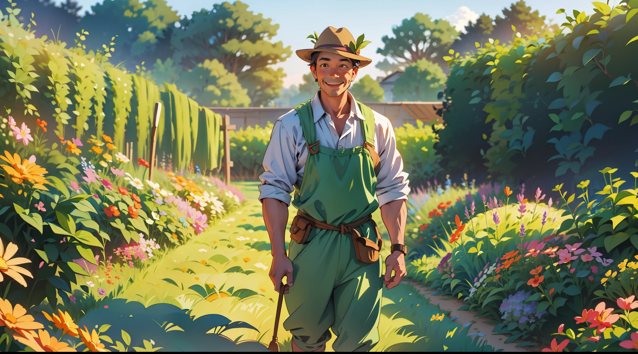 A gardener, man, middle-aged, working, looking at the horizon, smiling, in the field, vegetable garden, best quality, masterpiece, daylight, cartoonish style, bloom, cinematic lighting, colorful