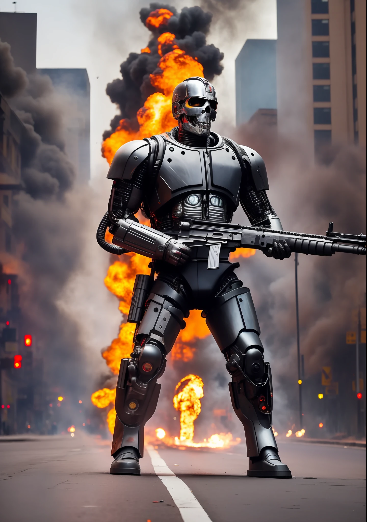 Terminator Man fires large gun, in the city street, with explosion behind, full body
