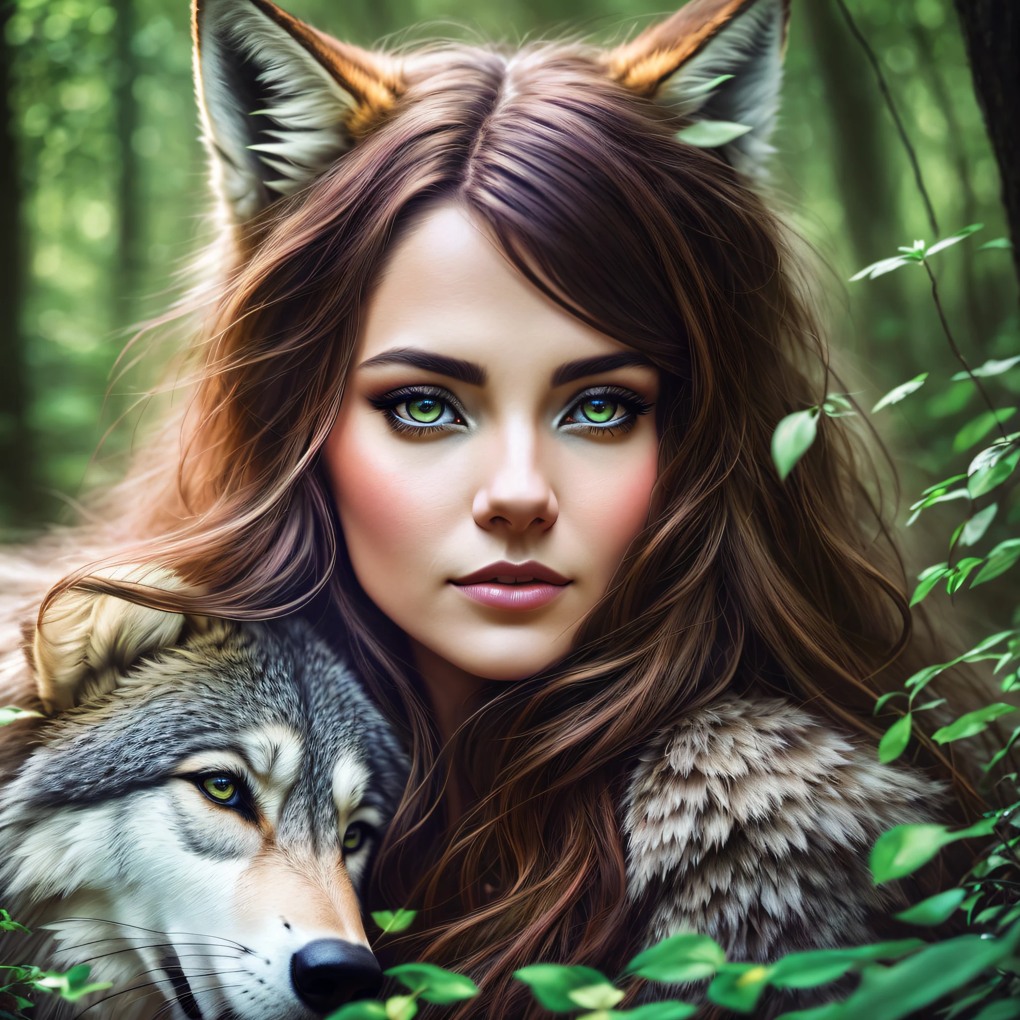 arafed woman with a wolf in the woods with her eyes open, wolfgirl, fantasy wolf portrait, fantasy art portrait, beautiful fantasy art portrait, female anthropomorphic wolf, digital fantasy portrait, beautiful fantasy portrait, karol bak uhd, angiewolf, fantasy portrait, amazing art, fantasy portrait art, anthro wolf face