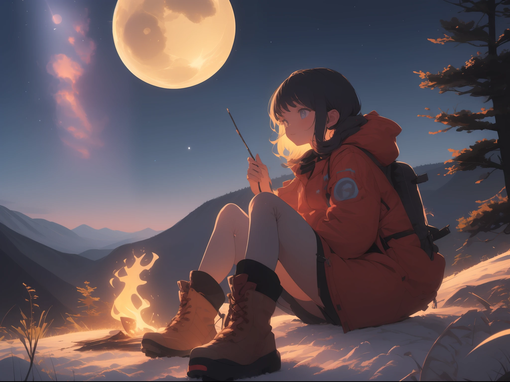 (best illustration, high resolution), a cute girl camping, lighting a small fire, (dynamic night sky with big moon in the background), wearing a puffy jacket,,(wearing hiking boots), relaxed atmosphere (masterpiece, best quality), (best lighting and shadows, cinematic light,) sparkling stars, beautiful landscape, very detailed background, chill,