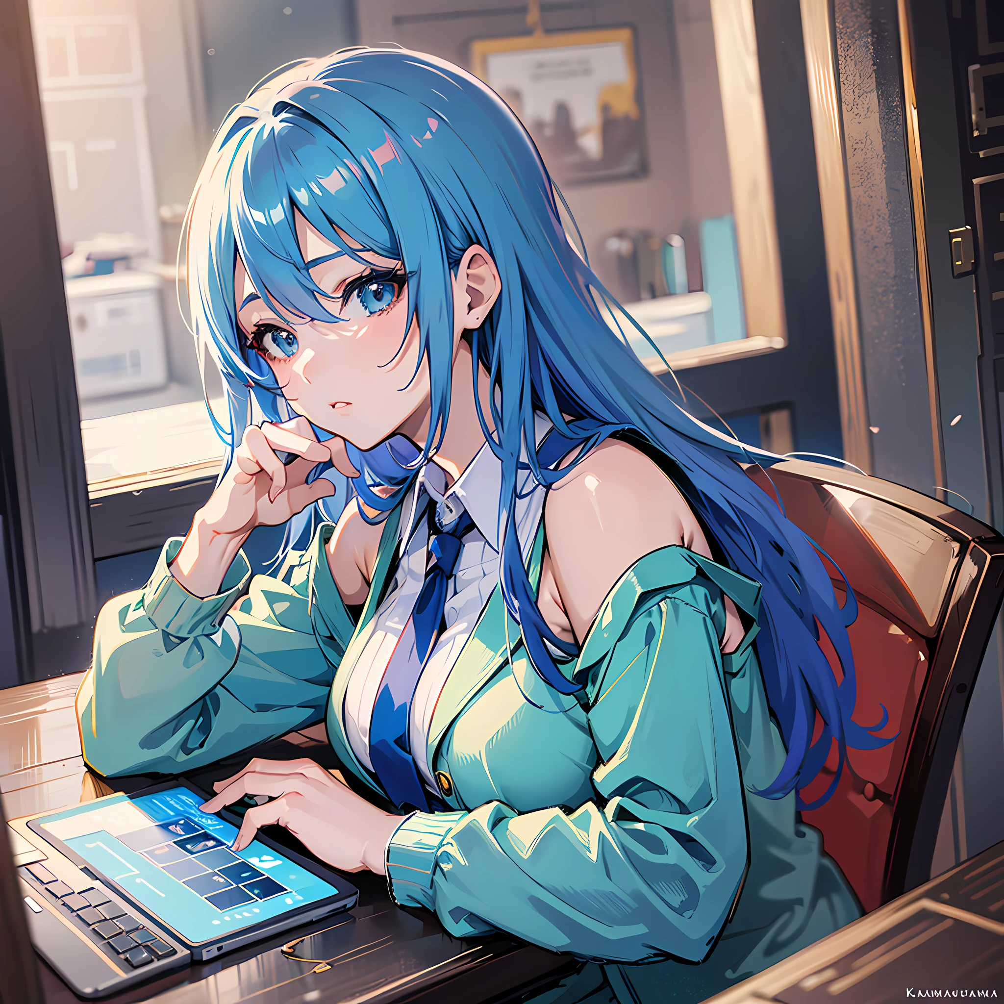 anime girl with blue hair sitting at a table with a laptop, a character portrait by Kamagurka, trending on pixiv, realism, beautiful alluring anime woman, seductive anime girl, beautiful anime woman, extremely detailed artgerm, attractive anime girl, beautiful anime girl, beautiful anime portrait, detailed portrait of anime girl, style artgerm --auto --s2