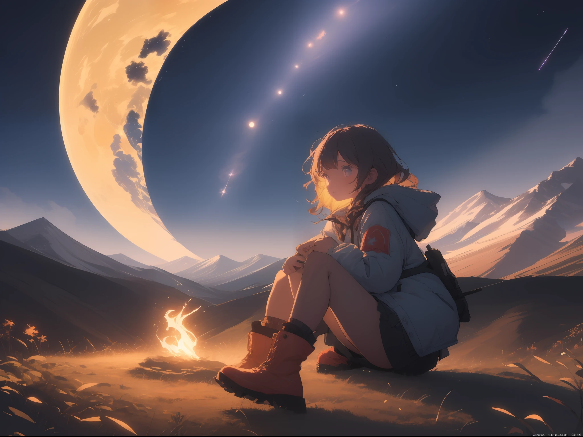 (best illustration, high resolution), a cute girl camping, lighting a small fire, (dynamic night sky with big moon in the background), wearing a puffy jacket,,(wearing hiking boots), relaxed atmosphere (masterpiece, best quality), (best lighting and shadows, cinematic light,) sparkling stars, beautiful landscape, very detailed background, chill,