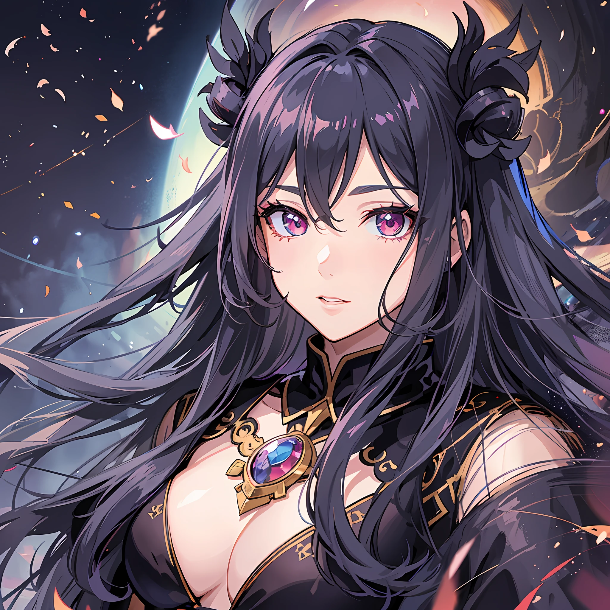Woman with long hair, beautiful with superior quality and highly detailed details, healthy, evil goddess with anime style, in HD and 8K.