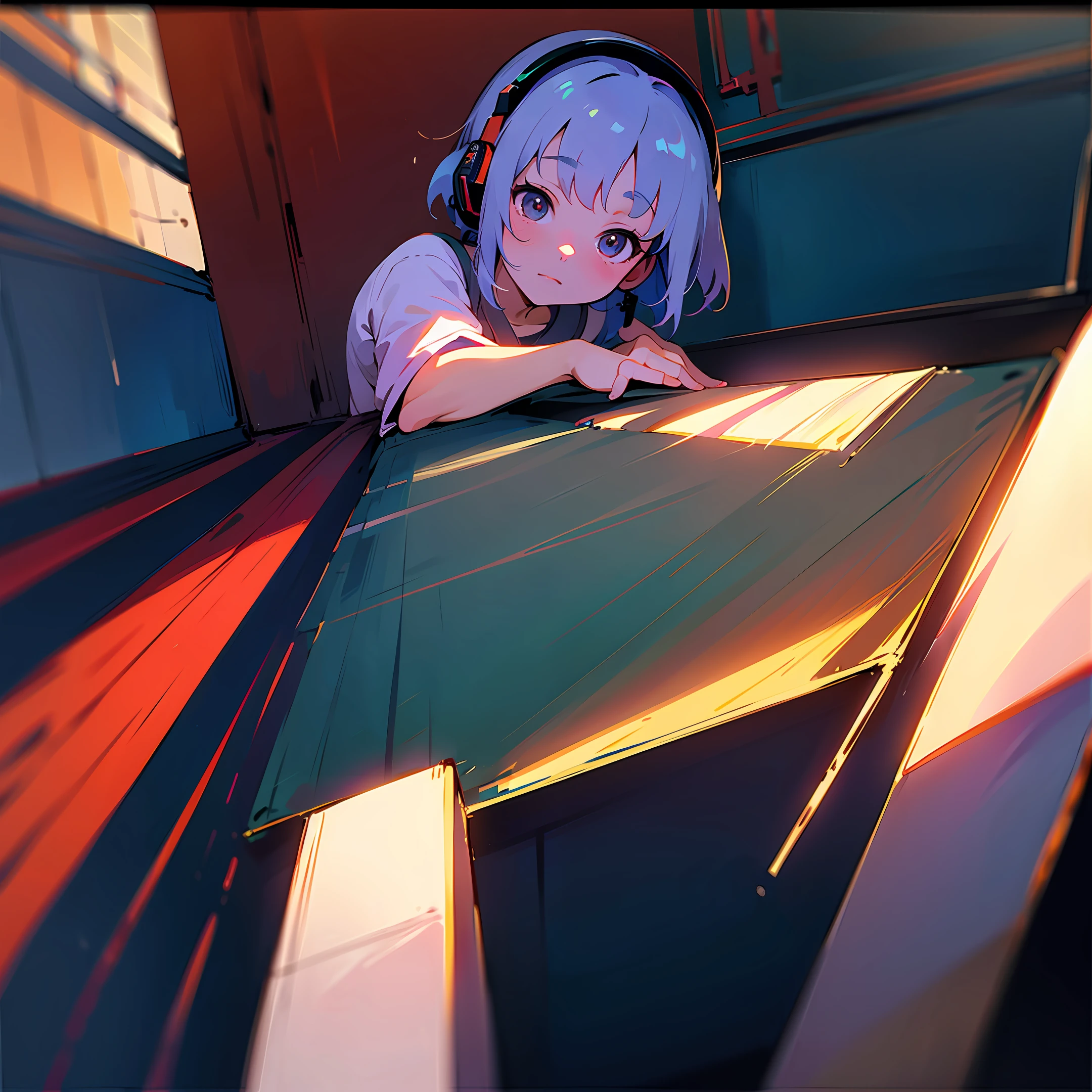 Ghibli, anime, girl, own room, headphones, twilight, high quality, 4K, 8K, more