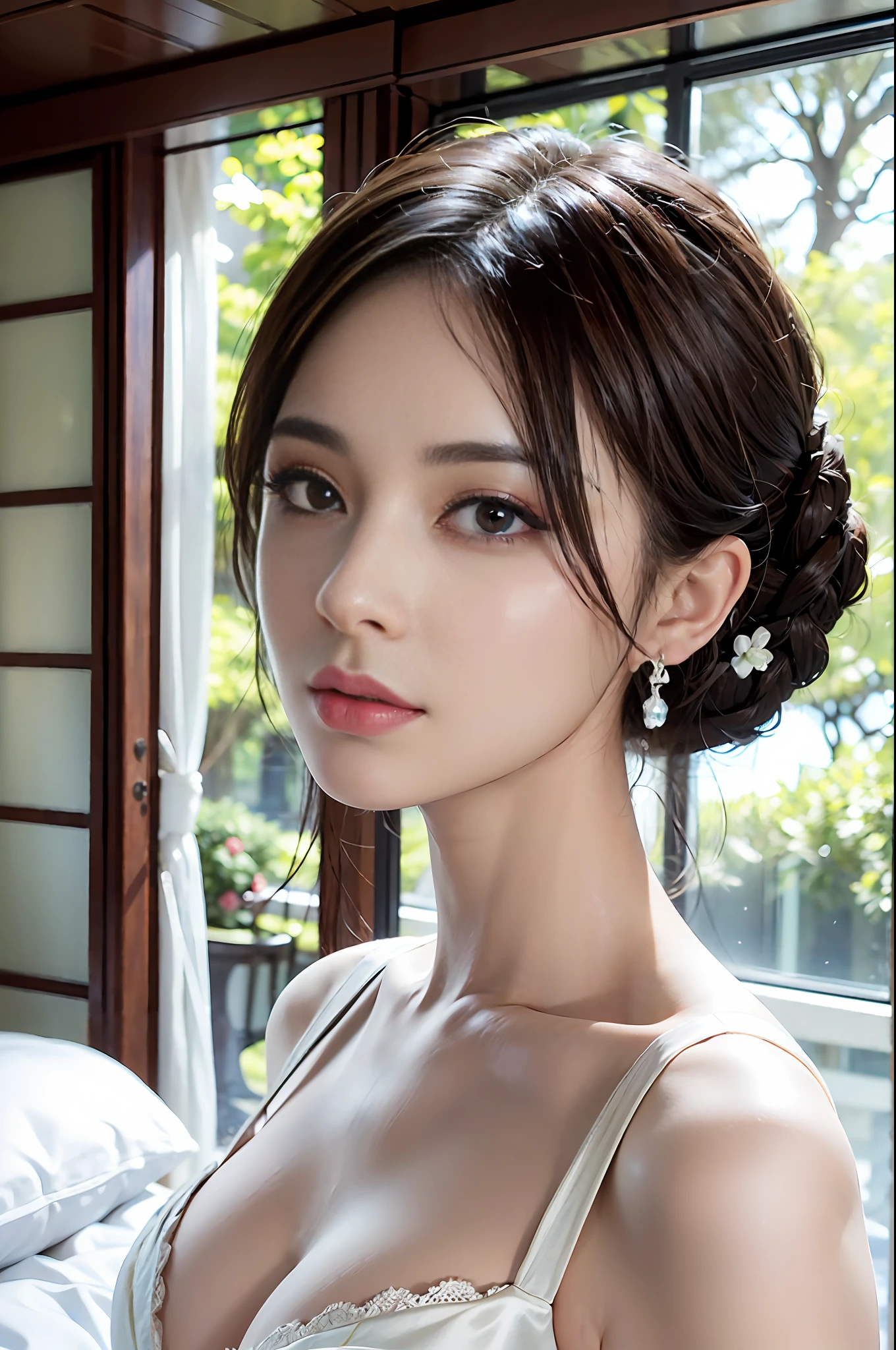 RAW, Masterpiece, Ultra fine photography ,, Top quality, Ultra high definition, Photorealistic, Daylight, Full body portrait, Amazingly beautiful, Dynamic posing, Delicate face, Vivid eyes, (side view), She wears crystal clear white lace, Very detailed hotel room, Detailed face, Milky white, High detail skin, Realistic skin details, Visible pores, Sharp focus, Volume fog, 8k UHD, DSLR, High Quality, Film Grain, Fair Skin, Photorealism, View from Below, Translucent