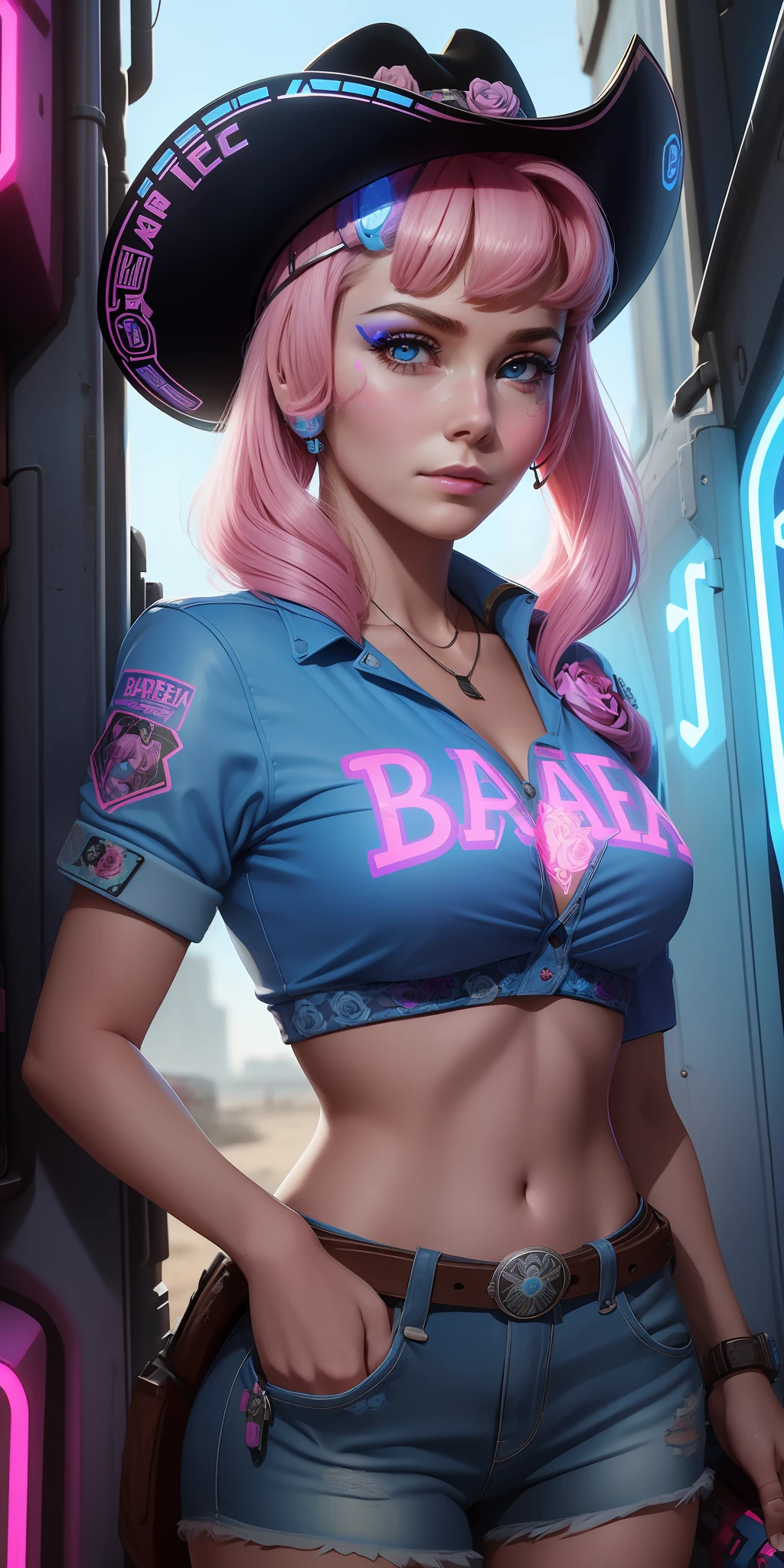 Sticker of a face with roses around her eyes and the words bearale on it by Shepherd Ferry (cyberpunk blue) (neon) ((Barbara Eden happy cowgirl style She is ))