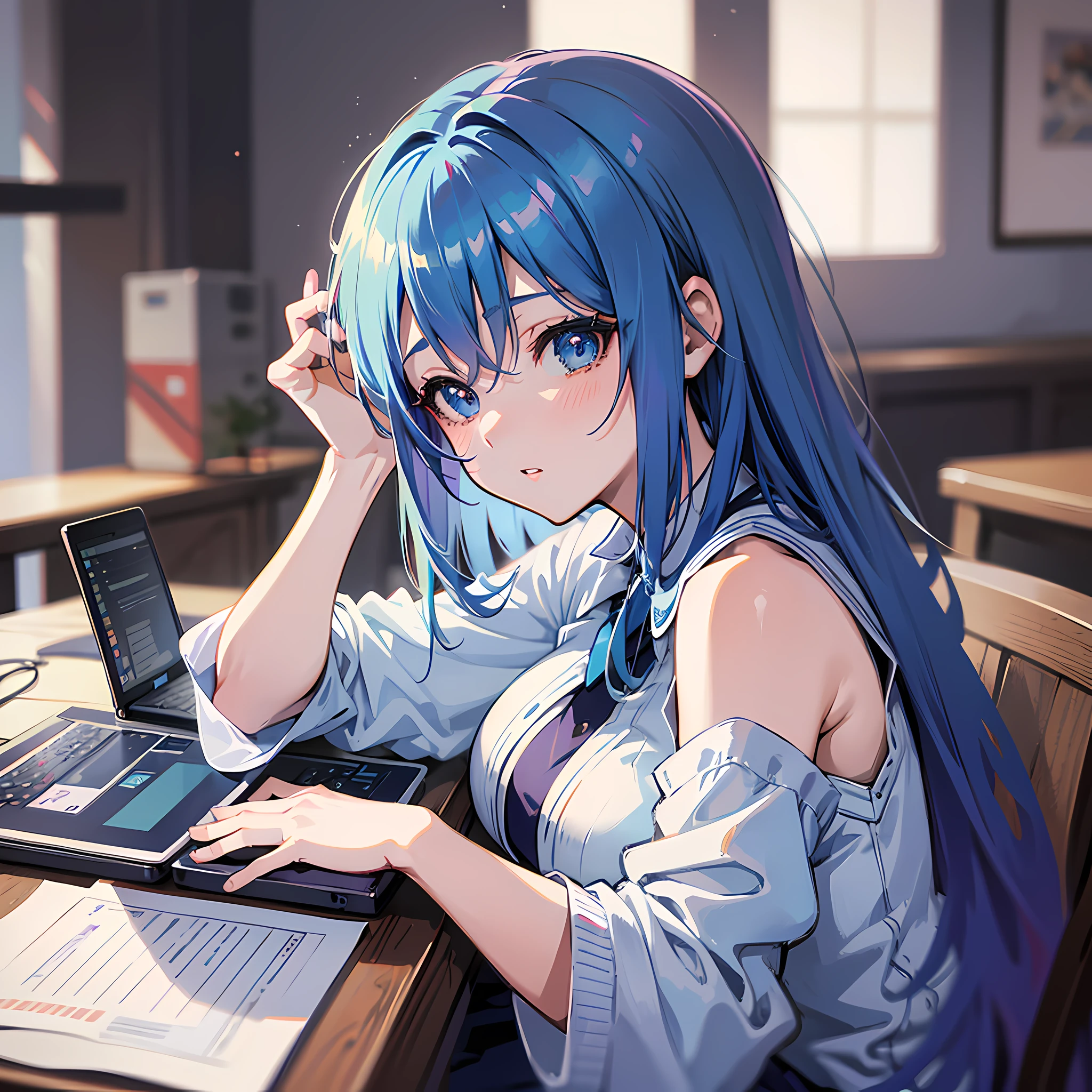 anime girl with blue hair sitting at a table with a laptop, a character portrait by Kamagurka, trending on pixiv, realism, beautiful alluring anime woman, seductive anime girl, beautiful anime woman, extremely detailed artgerm, attractive anime girl, beautiful anime girl, beautiful anime portrait, detailed portrait of anime girl, style artgerm --auto --s2