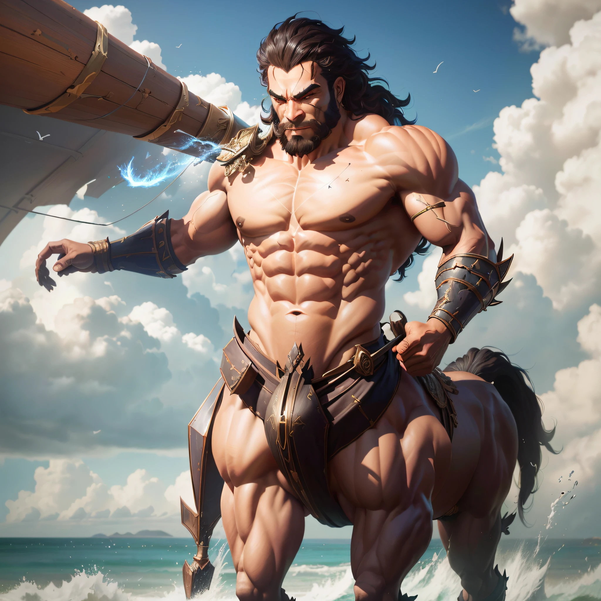 arafed man with a sword and a horse on a beach, muscular character, muscular male hero, male centaur centaur chimera, epic fantasy art style, hephaestus, bulging muscles, by Exekias, greek myth digital painting, epic fantasy digital art style, sylas, muscular characters, greek god in mecha style, large muscles