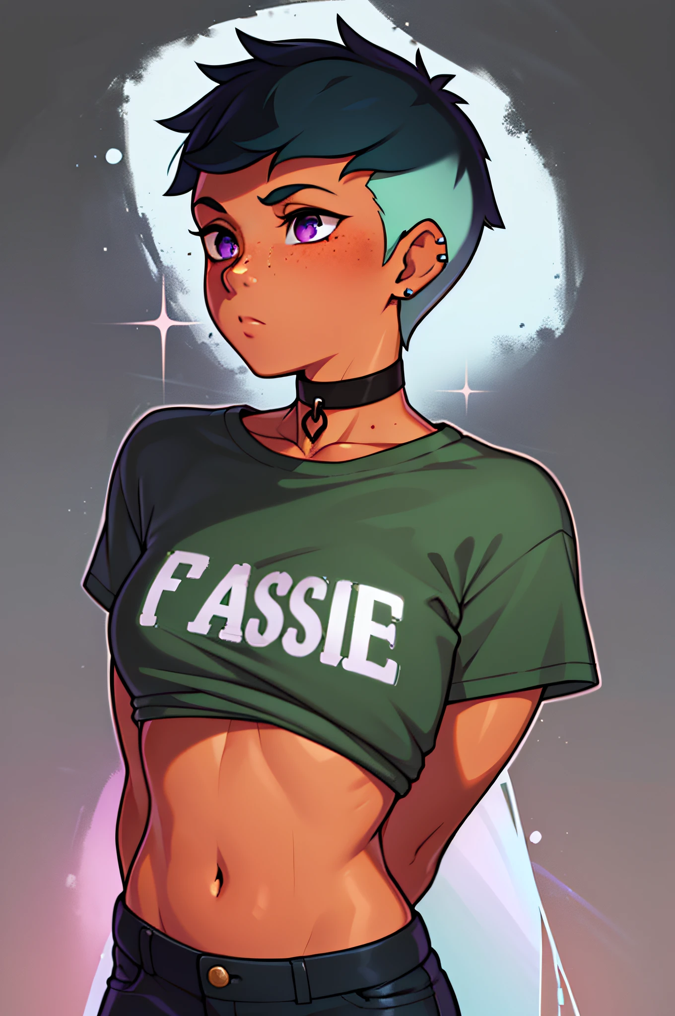 riley fairfeather, masterpiece, best quality 1girl, solo, 1girl, solo, freckles, dark skin, dark-skinned female, purple eyes, short hair, green hair, multicolored hair, very short hair, black hair, undercut, gradient hair, two-tone hair, piercing, ear piercing, nose piercing, small breasts, full body, choker, standing, hands behind back, long ripped jeans, oversized tshirt,