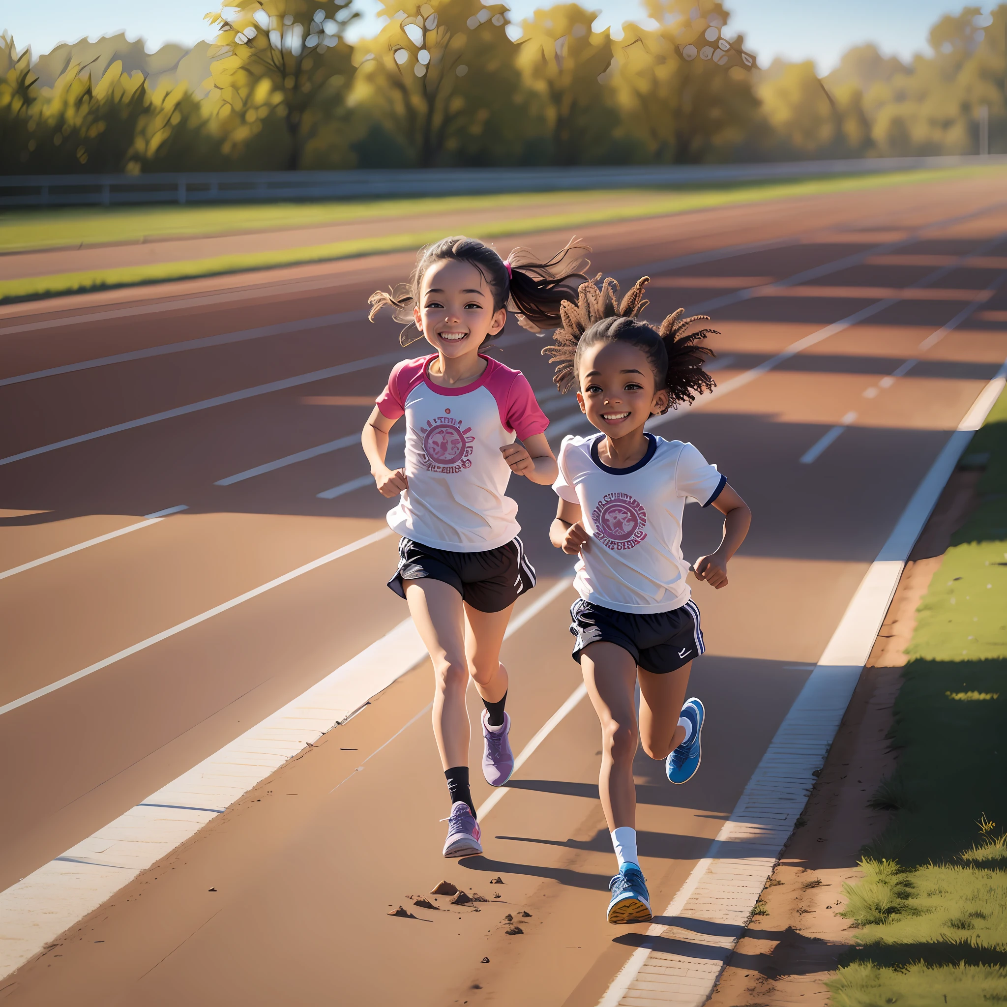 Cute kids running together on the track with smiles on their faces --auto --s2