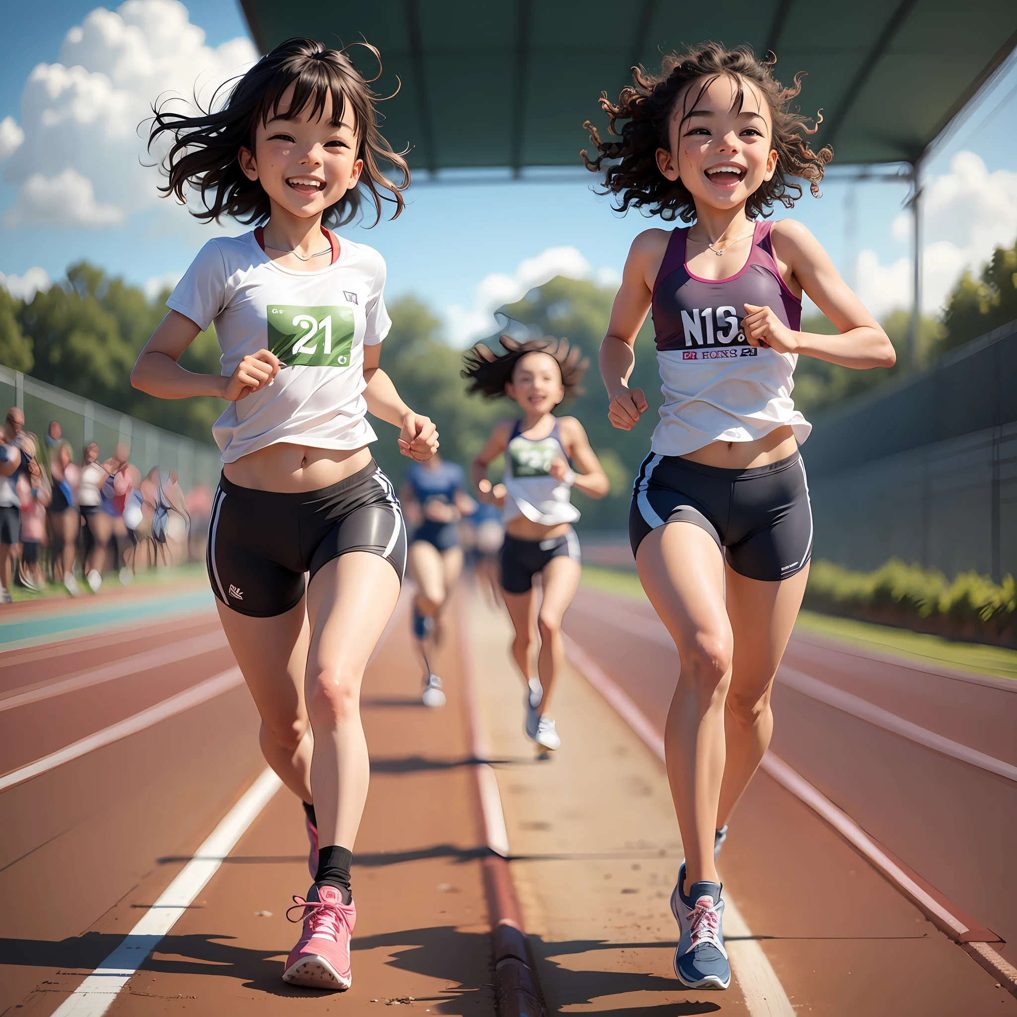 Cute kids running together on the track with smiles on their faces --auto --s2