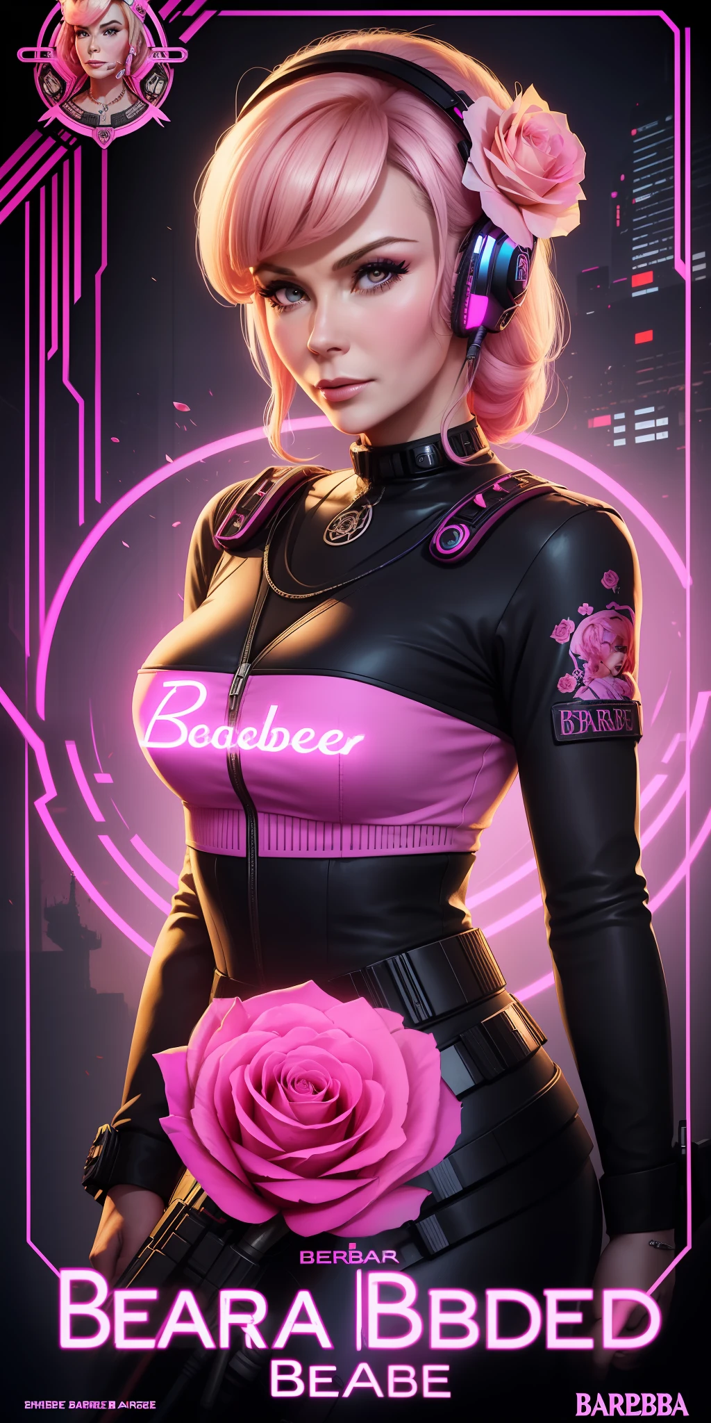 Poster of a face with roses around her eyes and the words bearale on it by Shepherd Ferry (cyberpunk) (neon) ((Barbara Eden wears traditional rural Germany style She is))