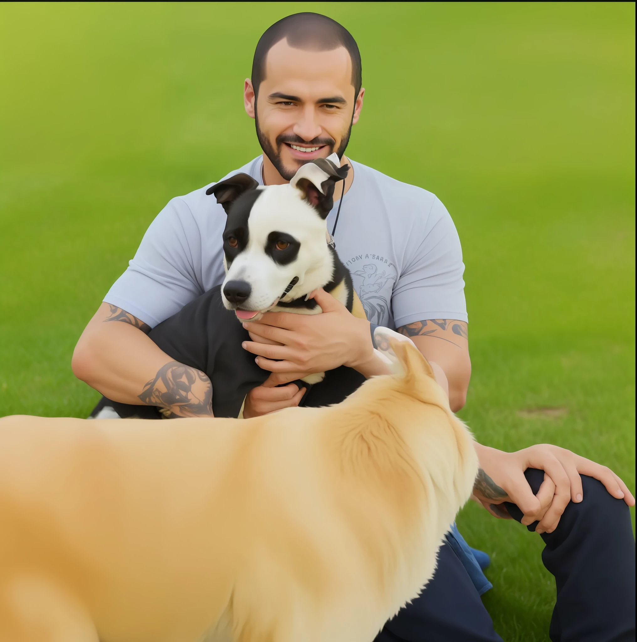 There's a man sitting on the grass with two dogs, with dogs, by Bernie D'Andrea, alex yanes and lisa frank, profile picture, profile picture, by Niko Henrichon, by Zack Stella, by Matt Cavotta, profile picture, aw, singer maluma, by Nándor Katona, with stray dogs, andrew gonzalez. Turn this image into a realistic drawing without losing the real strokes