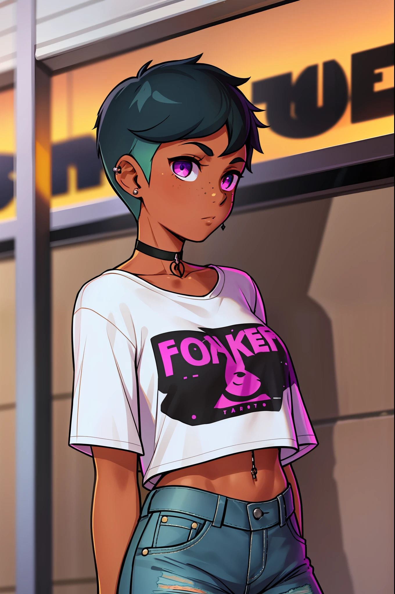 riley fairfeather, masterpiece, best quality 1girl, solo, 1girl, solo, freckles, dark skin, dark-skinned female, purple eyes, short hair, green hair, multicolored hair, very short hair, black hair, undercut, gradient hair, two-tone hair, piercing, ear piercing, nose piercing, small breasts, full body, choker, standing, hands behind back, long ripped jeans, oversized tshirt,