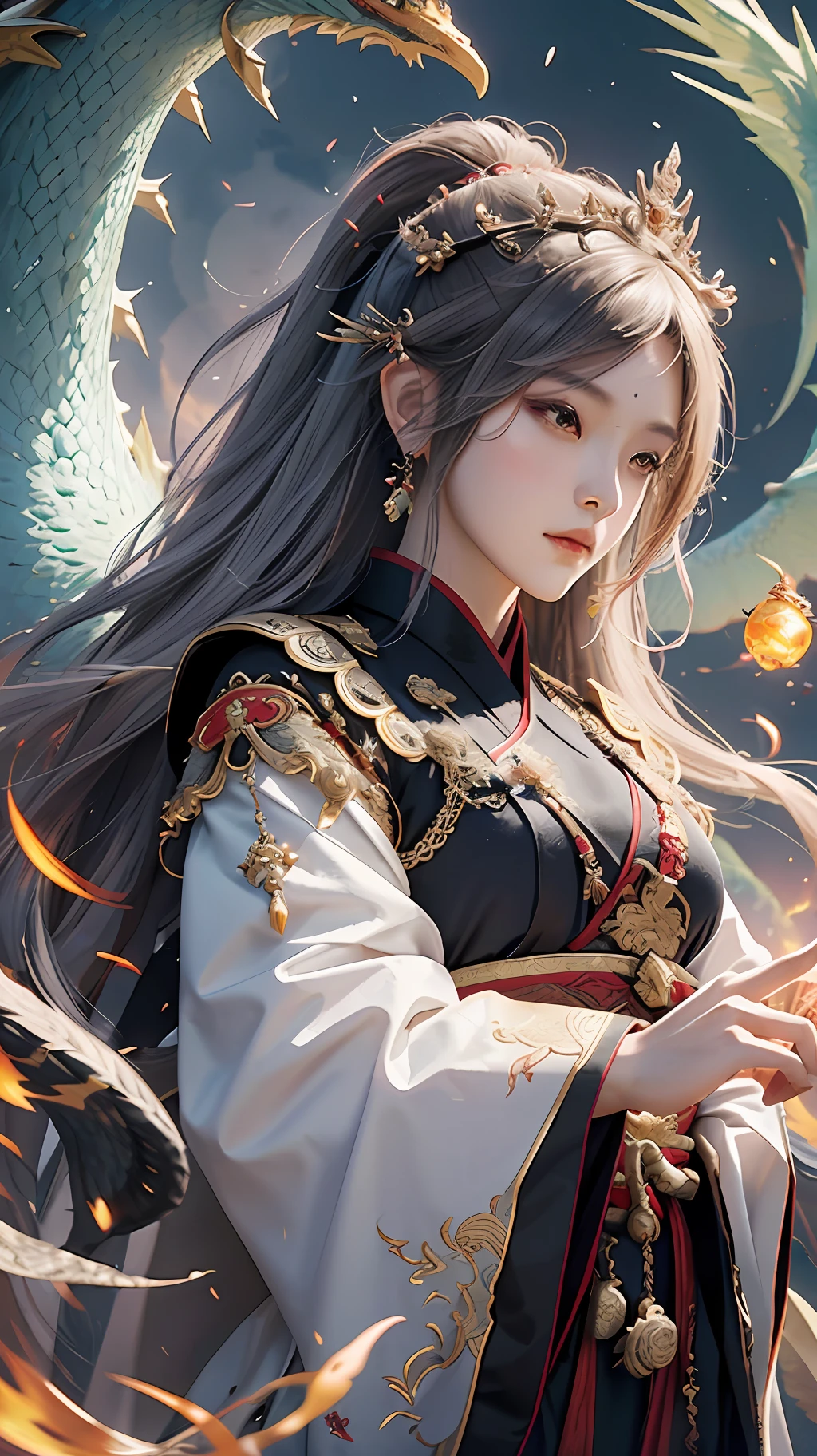 A female emperor, ancient Chinese imperial robe, majestic domineering, dragon flying phoenix dance, sunshine, clear face, clean white background, masterpiece, super detail, epic composition, ultra hd, high quality, extremely detailed, official art, uniform 8k wallpaper, super detail, 32k -- v 6