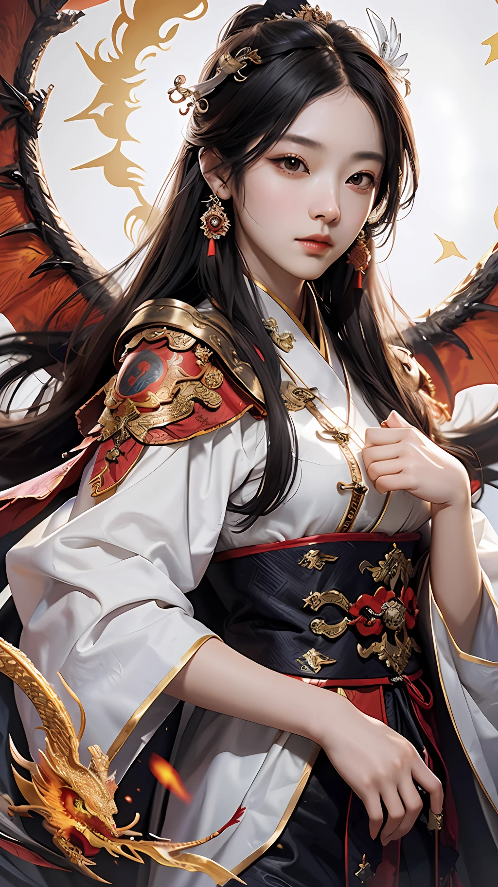 A female emperor, ancient Chinese imperial robe, majestic domineering, dragon flying phoenix dance, sunshine, clear face, clean white background, masterpiece, super detail, epic composition, ultra hd, high quality, extremely detailed, official art, uniform 8k wallpaper, super detail, 32k -- v 6
