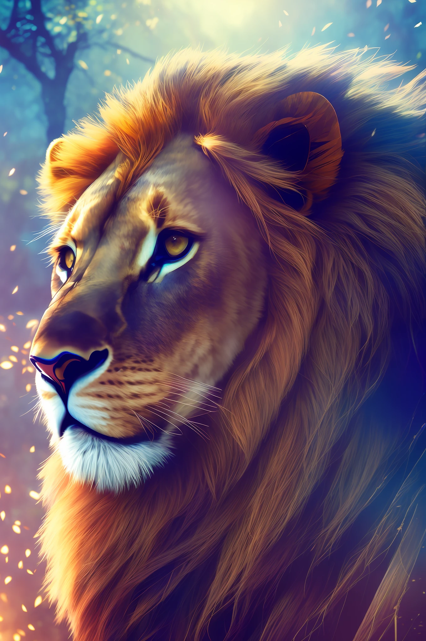 ChromaV5, nvinkpunk, (extremely detailed CG unit 8k wallpaper), An illustration of a beautiful lion, award-winning photography, Detailed, HDR, Bloom, style by Monet, Pissarro, and Sisley, trend in ArtStation, trend in CGSociety, art by midjourney