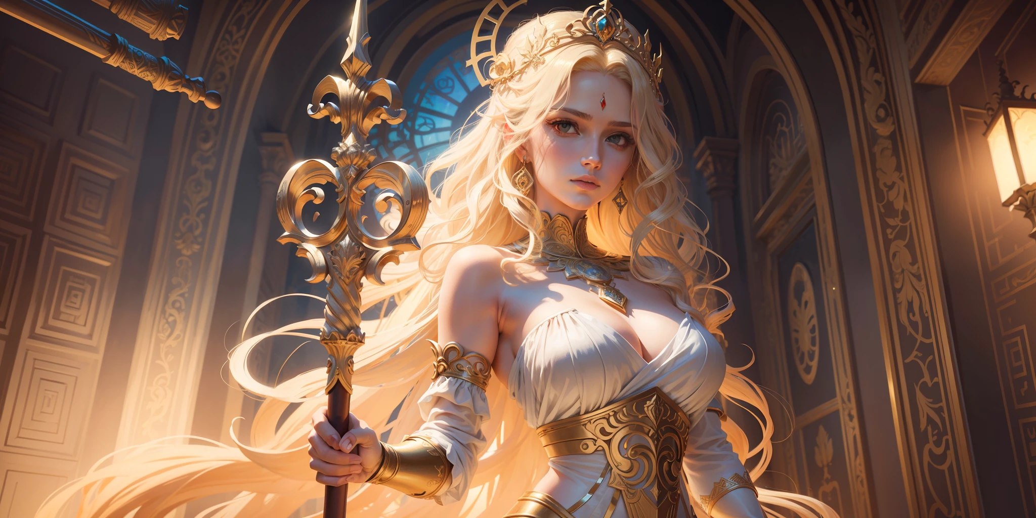 image of a woman, digital painting myth, ((holding a long scepter)), greek mythology, characters from greek mythology, dramatic art, digital godrays painting, art mythology, epic mythology, long curly hair, blonde, floral frame, decorative panels, abstract artistic, by Alphonse Mucha (masterpiece, best quality, high resolution: 1.4), detailed, intricate details, 4K, color splashes, line art, Fibonacci