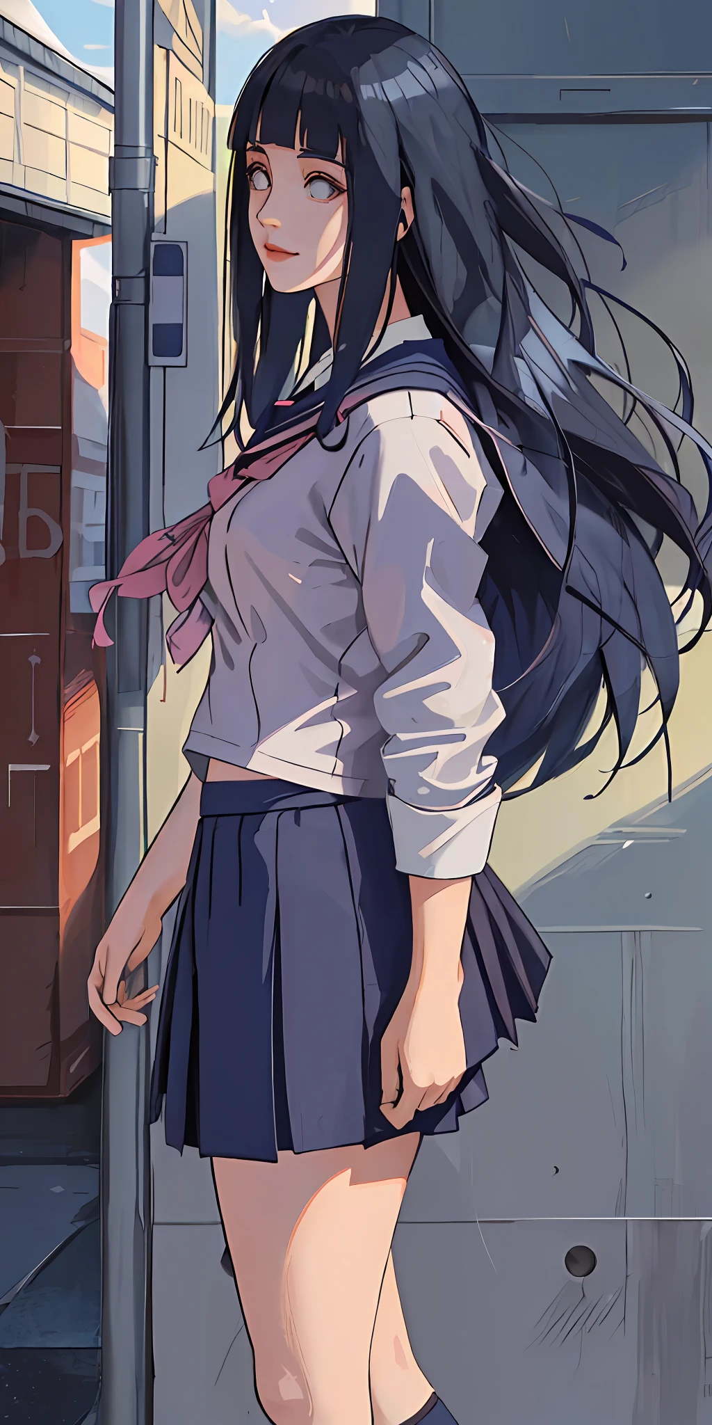 highres, ultra detailed), masterpiece, hinata\(boruto\), solo, 1girl,medium breasts, (((high school))), ((((high school attire)))), smile, (((long hair))), blink blink effect, (((detailed lips))), knee crop, school building, from side, (((dark blue hair))) standing, looking at someone far away, calm girl