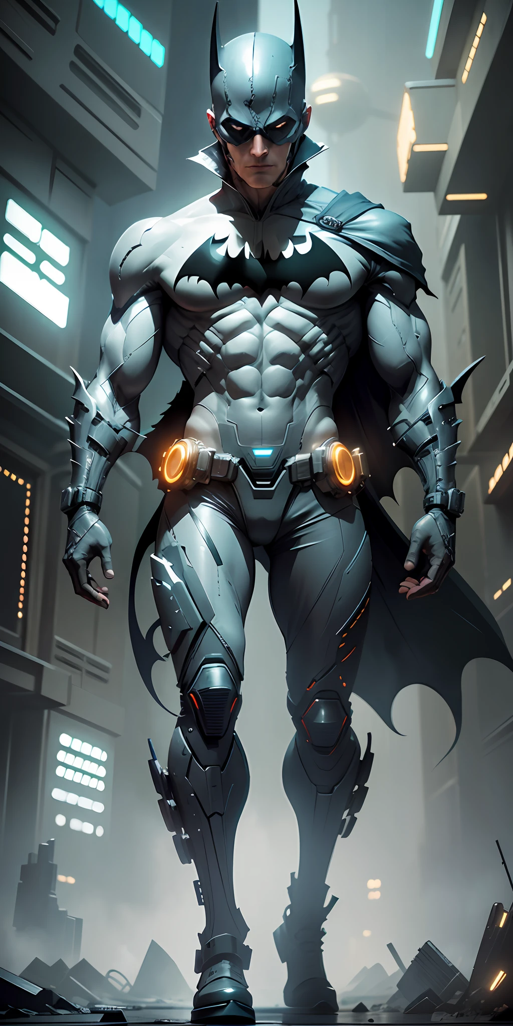 Generate a full-body image of a Batman from the future. The Batman from the future is a version of the iconic superhero set in a futuristic and dystopian scenario. He should be depicted wearing a technological and futuristic suit, with high-tech details and cybernetic elements. His pose should convey a sense of determination and readiness for crime-fighting. The environment surrounding the Batman from the future should reflect a dark and futuristic atmosphere, with bright skyscrapers, neon lights, falling rain, and a decaying city. Use a dark and contrasting color palette to emphasize the grim aspect of the scene. Ensure that the image is high-resolution and features crisp details, allowing for an appreciation of the intricacy of the suit and the futuristic elements of the Batman from the future --auto --s2