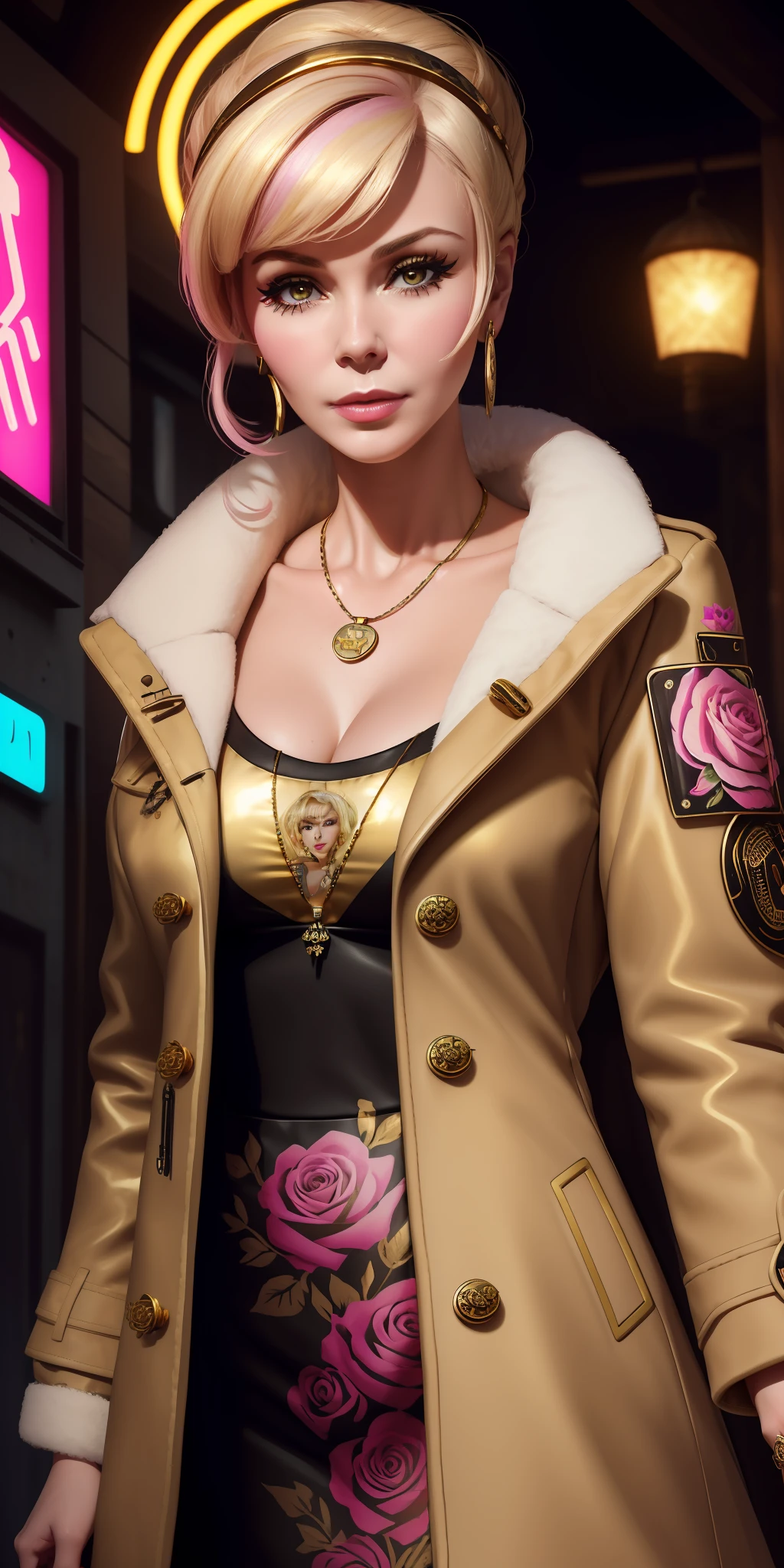Sticker of a face with roses around her eyes and the words bearale on it by Shepherd Ferry (cyberpunk) (neon) ((Barbara Eden wears coat necklace nail art traditional rustic germany color gold style She is))