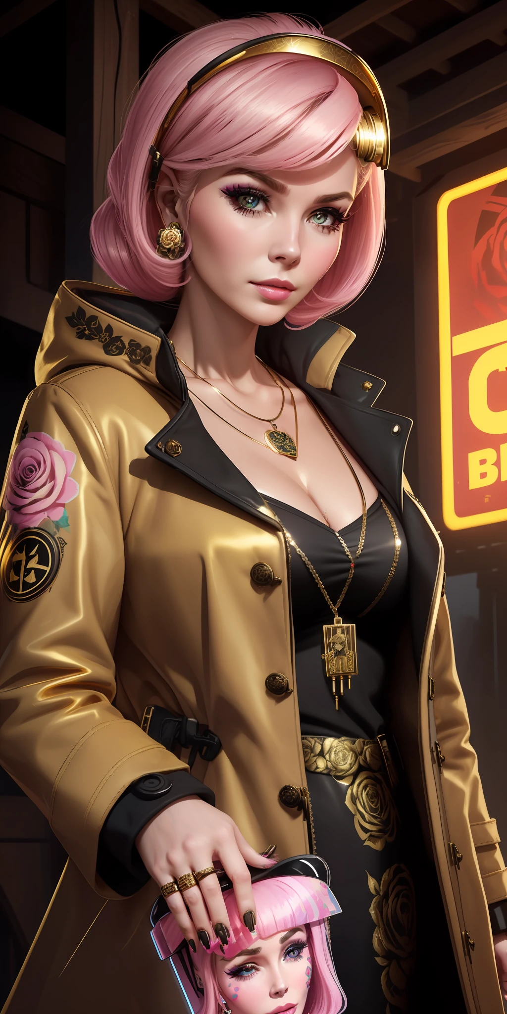 Sticker of a face with roses around her eyes and the words bearale on it by Shepherd Ferry (cyberpunk) (neon) ((Barbara Eden wears coat necklace nail art traditional rustic germany color gold style She is))