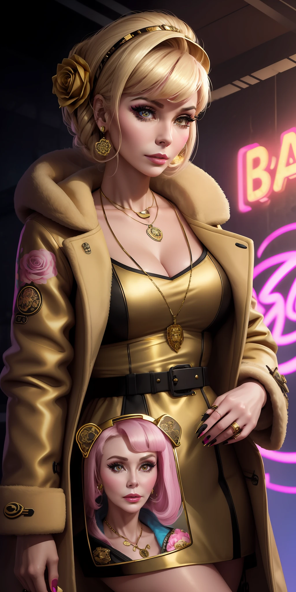Sticker of a face with roses around her eyes and the words bearale on it by Shepherd Ferry (cyberpunk) (neon) ((Barbara Eden wears coat necklace nail art traditional rustic germany color gold style She is))