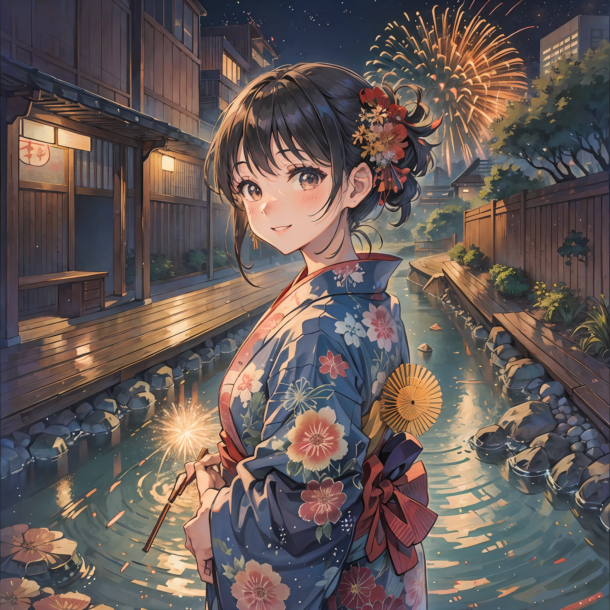Kana Arima, in a yukata, in the background is fireworks, near the riverbed, alone, smile, --auto --s2
