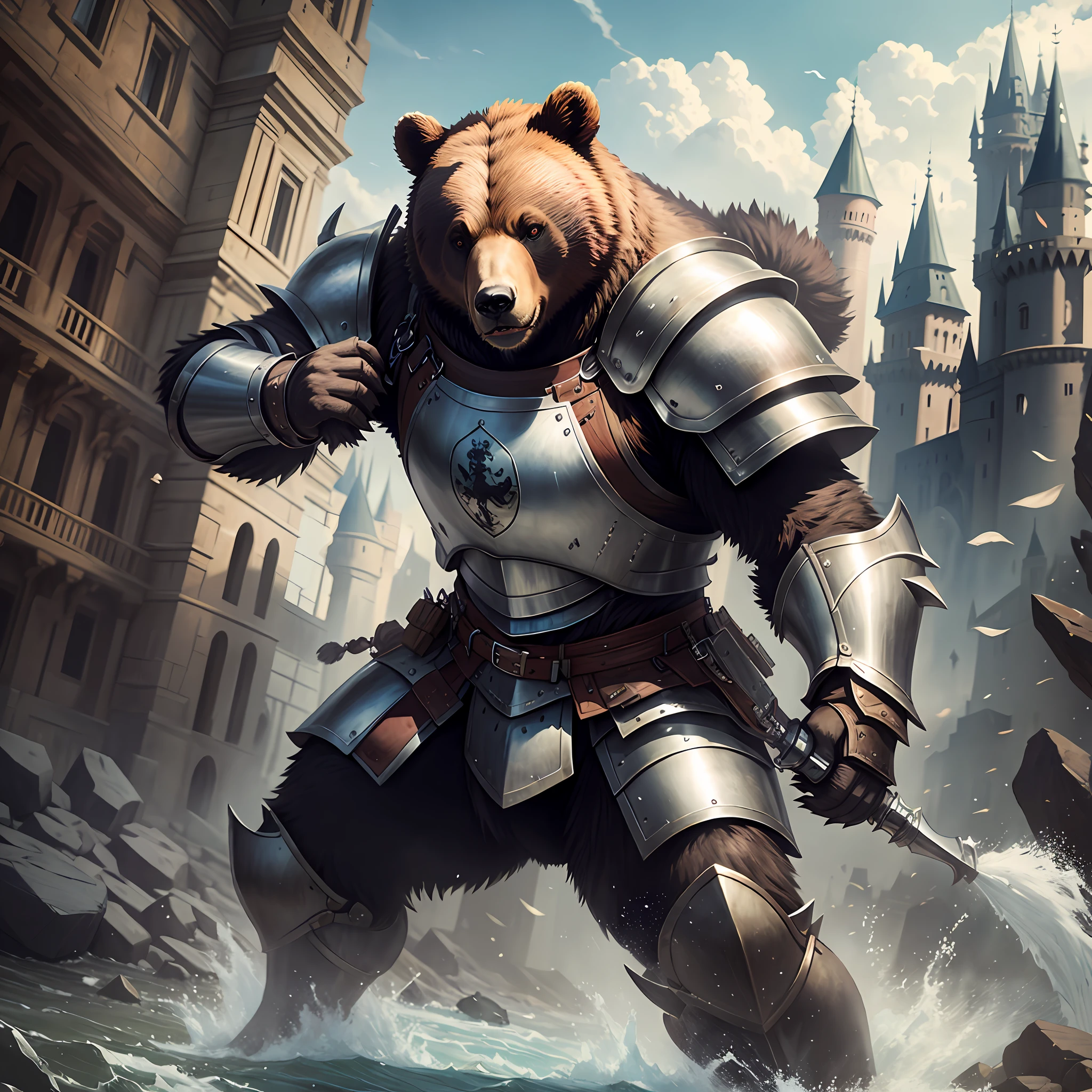 Bear in armor, fighting near the castle