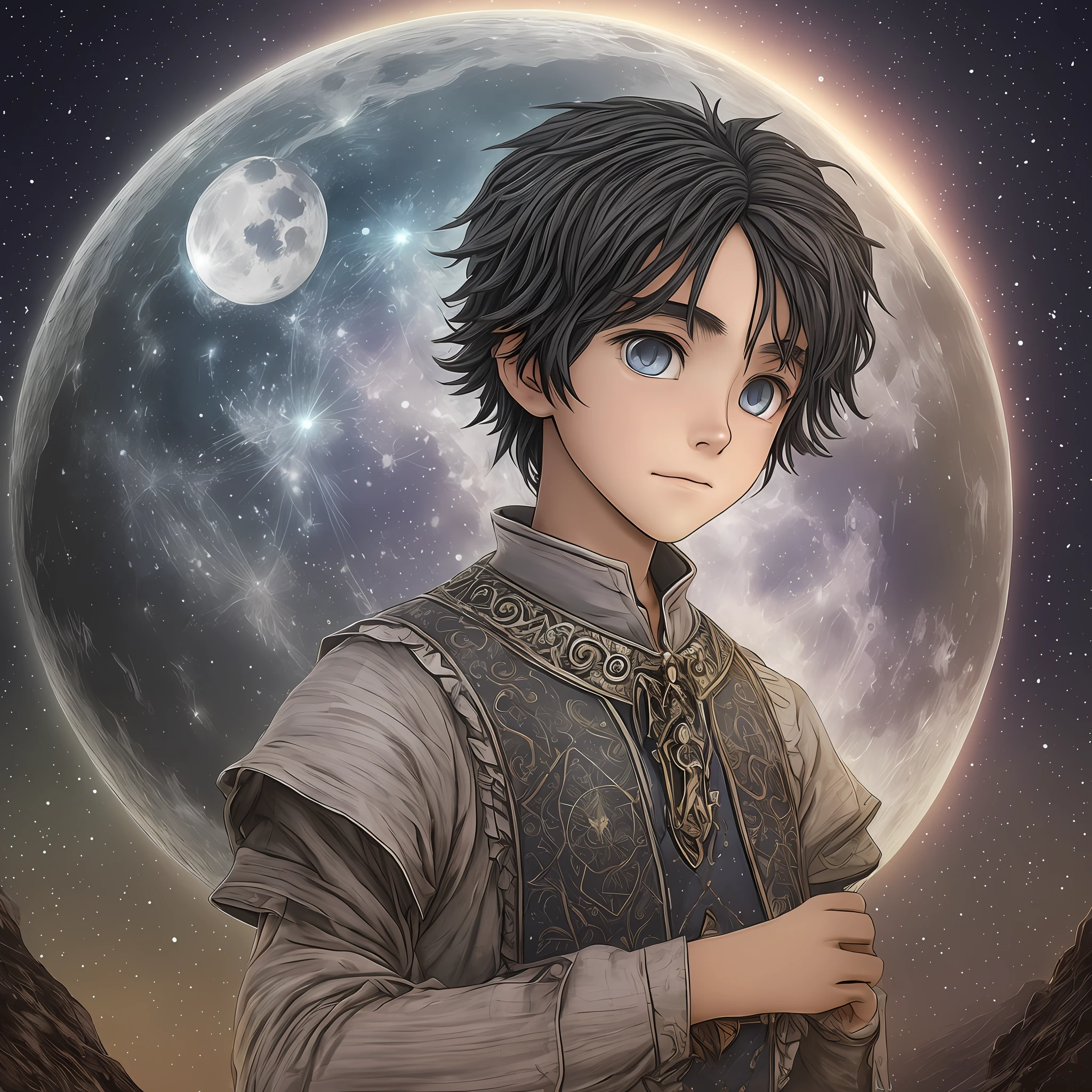 create an image with tall delhates in ultra definition for a children's book,Once upon a time, in a small village called Solaris, perched on top of a verdant hill, a boy named Thomas. He had hair black as night and curious eyes that shone like distant stars. But what really caught everyone's attention was the adornment he wore around his neck: a small silver moon. This mysterious moon was made of a bright and delicate material, and seemed to emit a soft silvery radiance.
The silver moon always captured people's gaze, leaving them amazed and curious. Some believed it was an enchanted amulet, while others considered it a gift from the gods. However, no one knew for sure the true origin of that magical moon or how Thomas had obtained it. --auto --s2