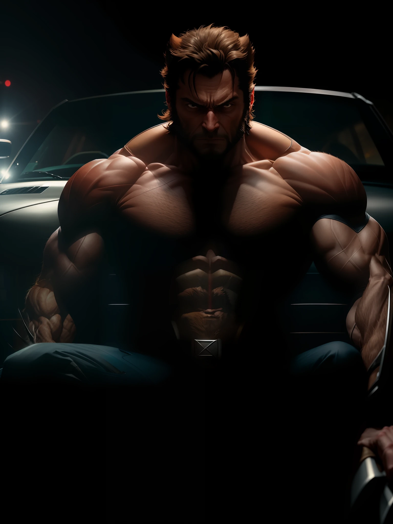 A scene from the movie, Wolverine is sitting in an expensive sports car