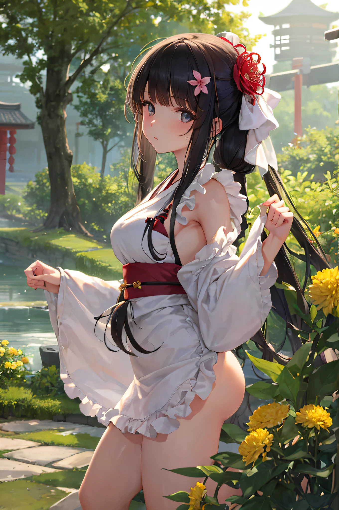 (8k, best quality, masterpiece:1.2), ultra-detailed, 1girl, public, expressionless, backless dress, npmaybe, delicate gown, looking back, upper body, backcrack, masterpiece, top quality, best quality,1girl, solo, japanese clothes, flower, long hair, hair ornament, kimono, mole, apron, floral print, looking at viewer, hair flower, bangs, blurry, long sleeves, wide sleeves, white apron,large breasts, from below, [heavy breathing],Sweaty skin,from above,npmaybe,probably no panties,hidden privates,groin, skirt slit, side slit, front slit,(slightly) lifting one side,both sides of skirt