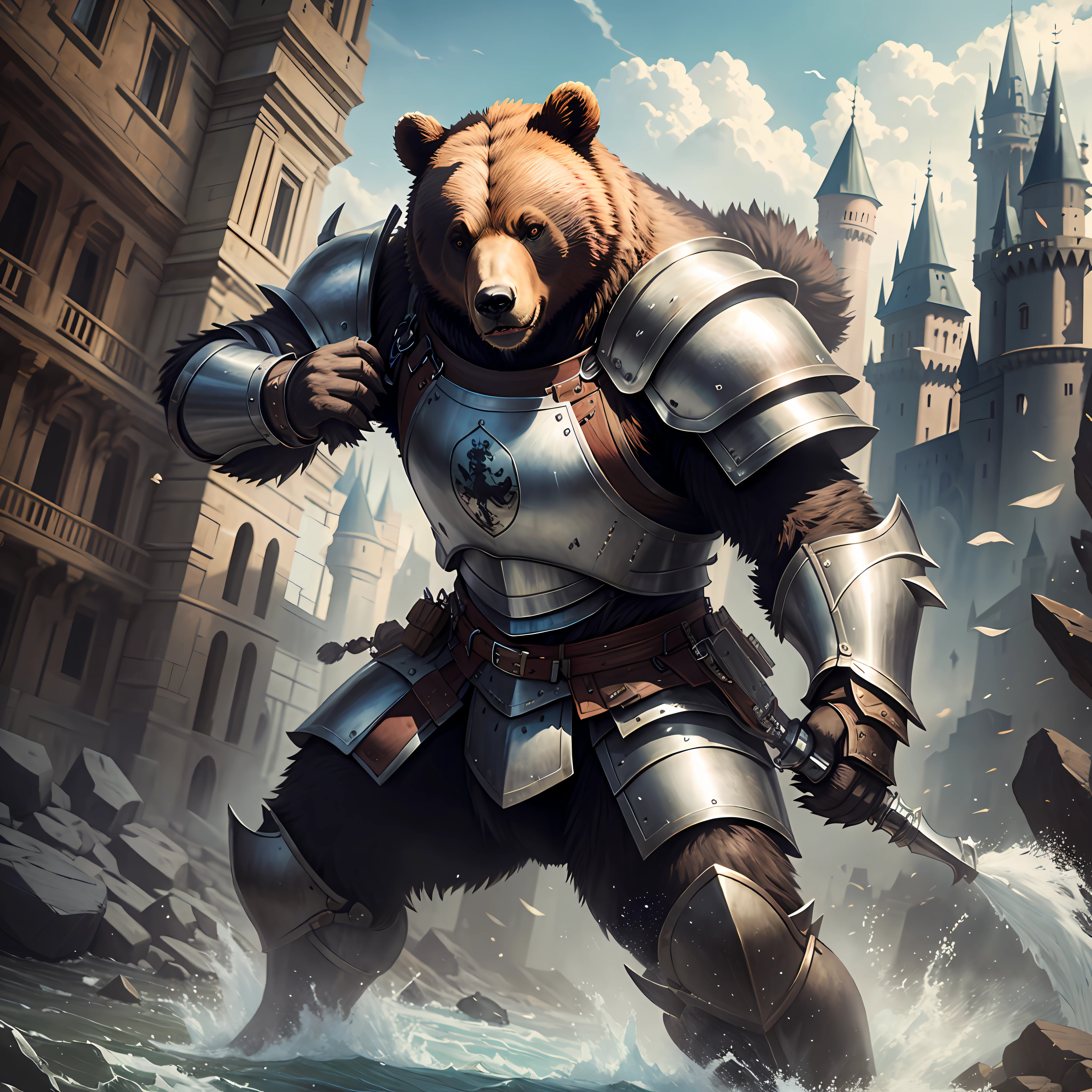 Bear in armor, fighting near the castle