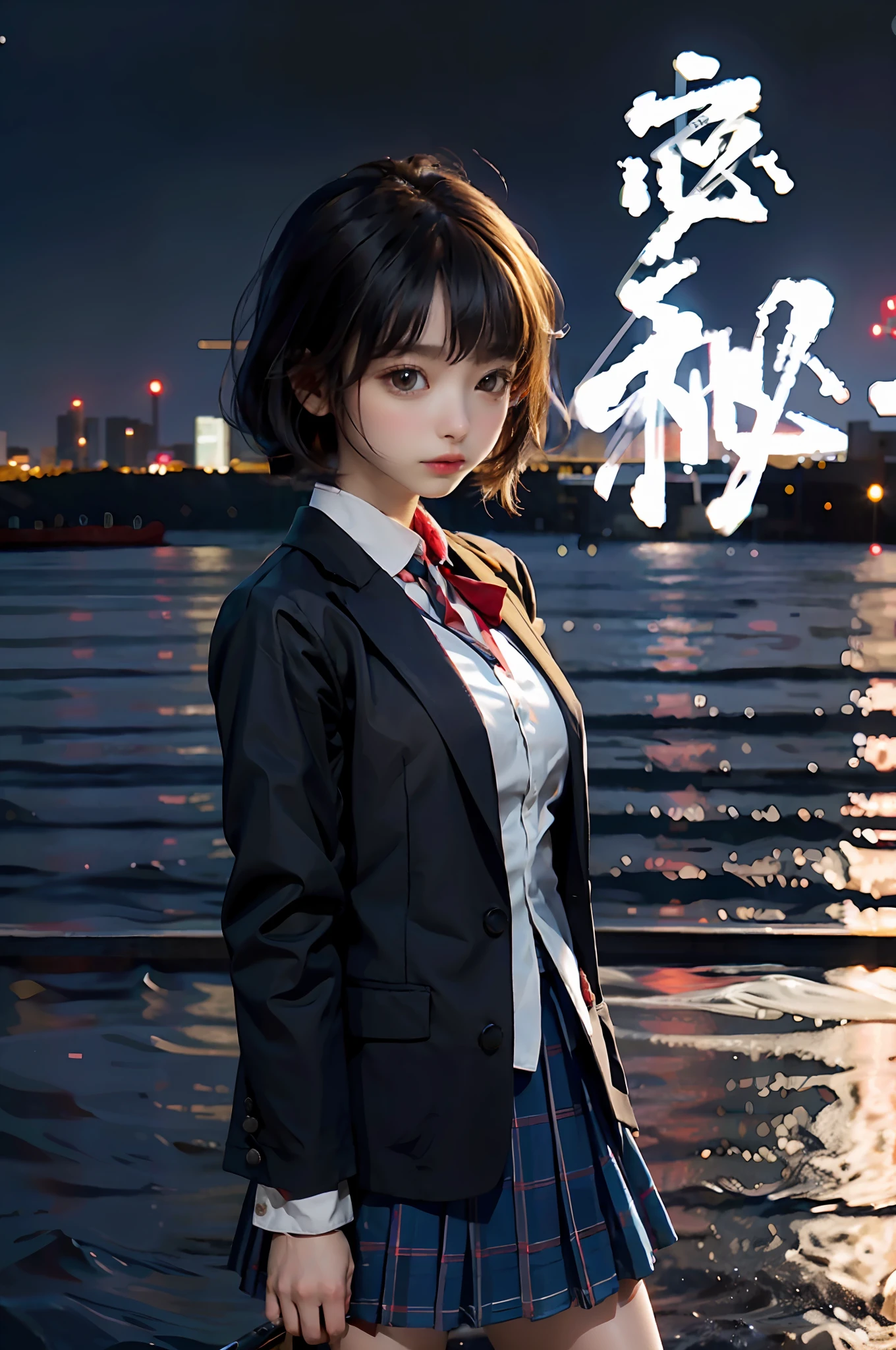 32k, ultra hd, masterpiece, clear, real, 8k pixels, super high pixels, a girl in school clothes standing in front of the sea,