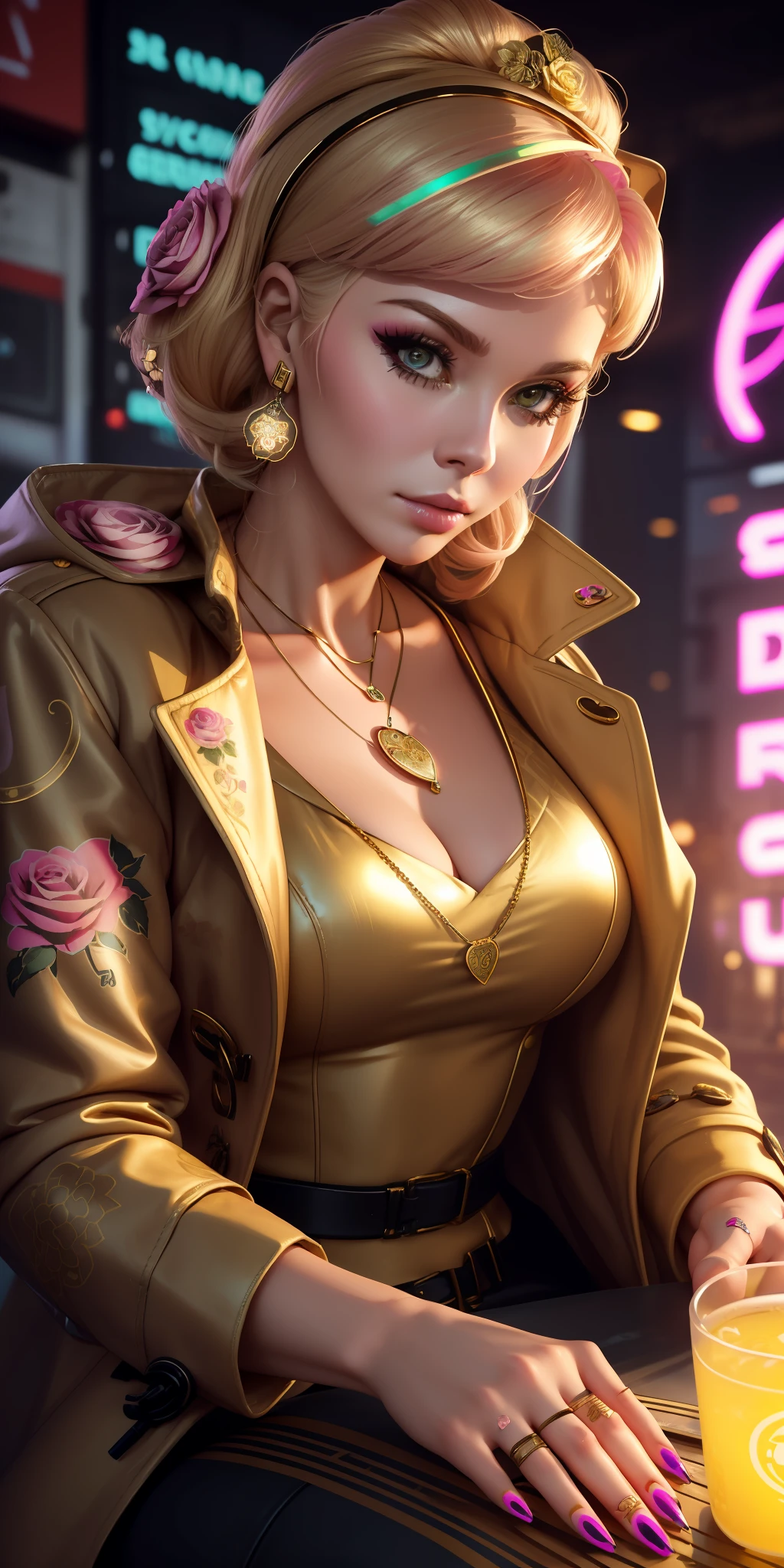 Sticker of a face with roses around her eyes and the words bearale on it by Shepherd Ferry (cyberpunk) (neon) ((Barbara Eden wears coat necklace nail art traditional rustic germany color gold sitting at disco style She is))