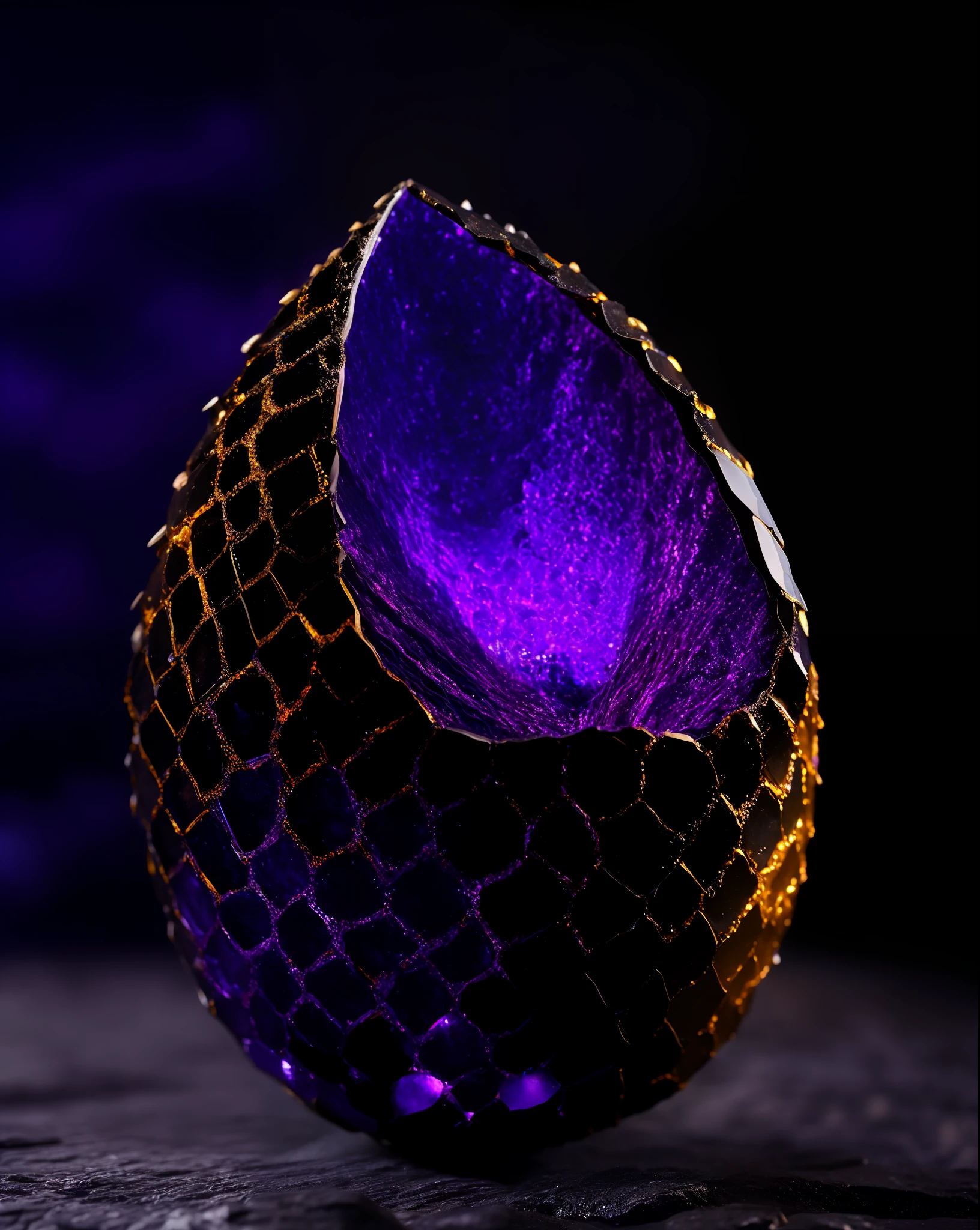 crystalline rock forms dragon egg with silver and gold metal dragon scale half-shell, by mjart, placed on black lava rock, background dark cave with purple ambient light,