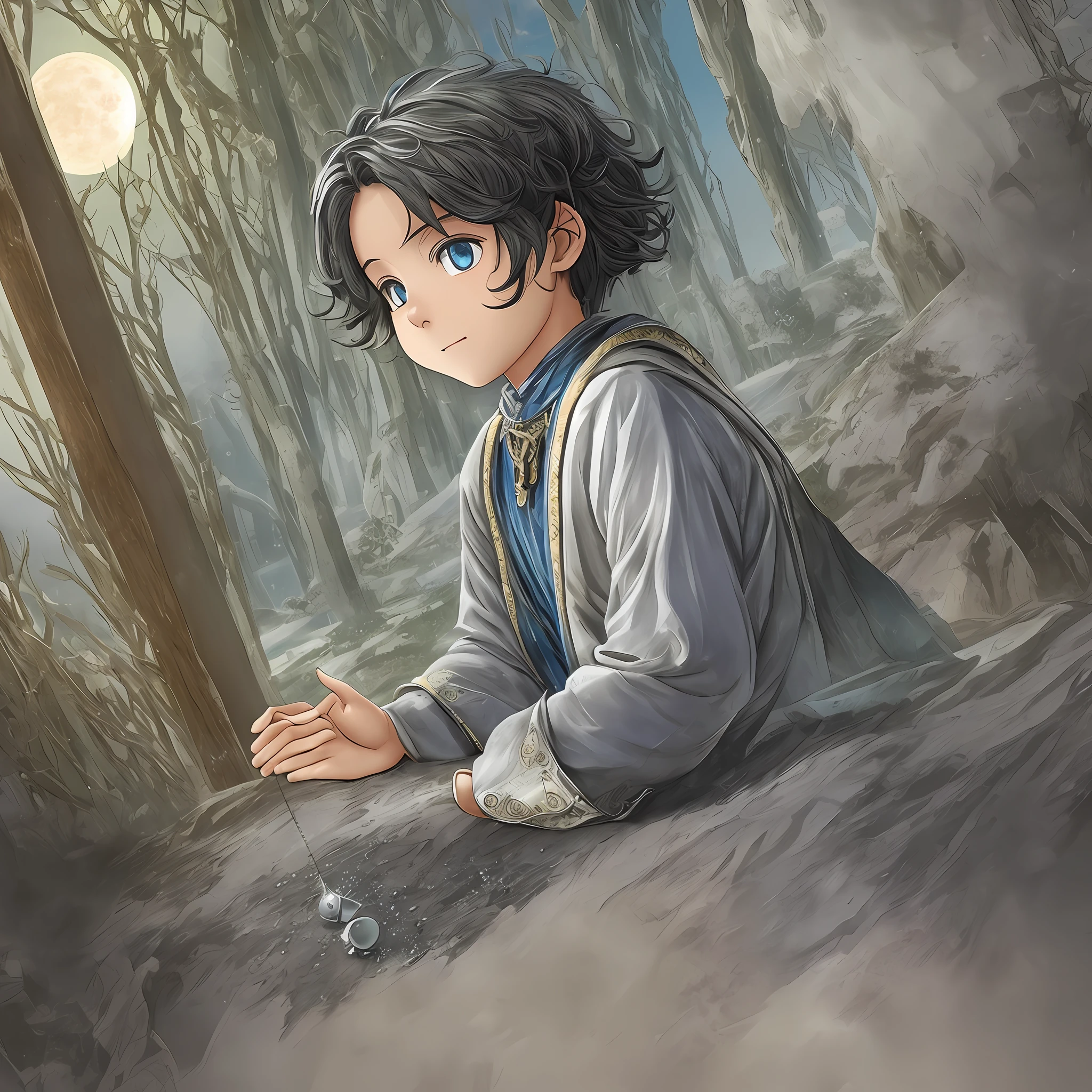 create an image with tall delhates in ultra definition for a children's book,Once upon a time, in a small village called Solaris, perched on top of a verdant hill, a boy named Thomas. He had hair black as night and curious eyes that shone like distant stars. But what really caught everyone's attention was the adornment he wore around his neck: a small silver moon. This mysterious moon was made of a bright and delicate material, and seemed to emit a soft silvery radiance.
The silver moon always captured people's gaze, leaving them amazed and curious. Some believed it was an enchanted amulet, while others considered it a gift from the gods. However, no one knew for sure the true origin of that magical moon or how Thomas had obtained it. --auto --s2